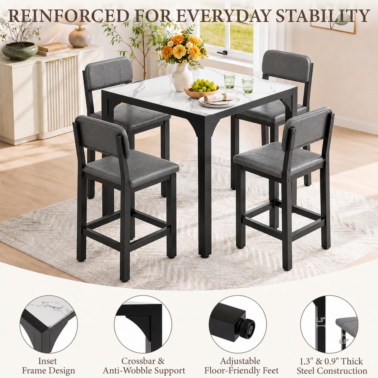 5-Piece Counter Height Dining Set | Marble-Look Top, Padded Chairs, Modern Grey