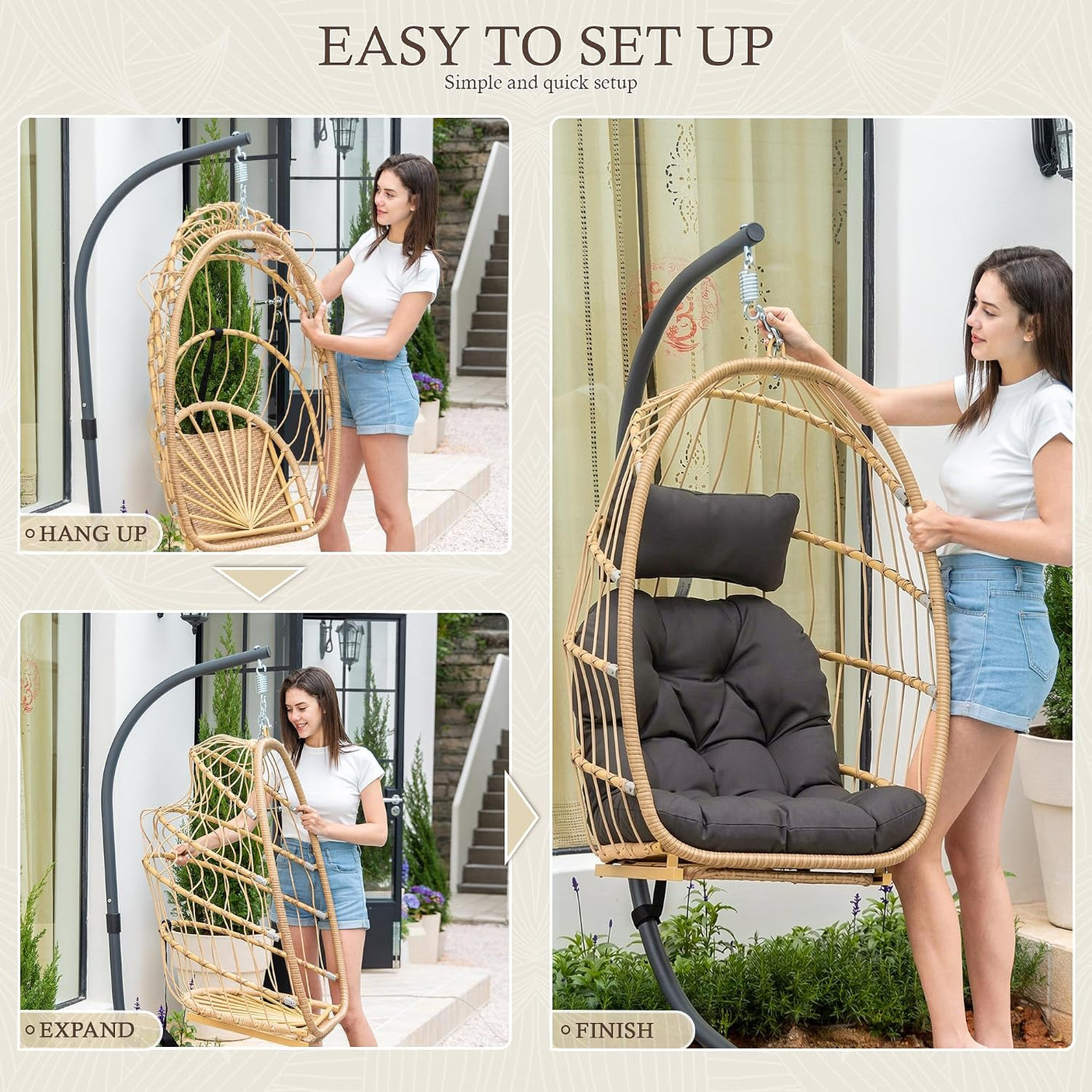 Egg Hanging Chair with Stand, Footrest & Cushion | Patio & Bedroom, Natural Grey