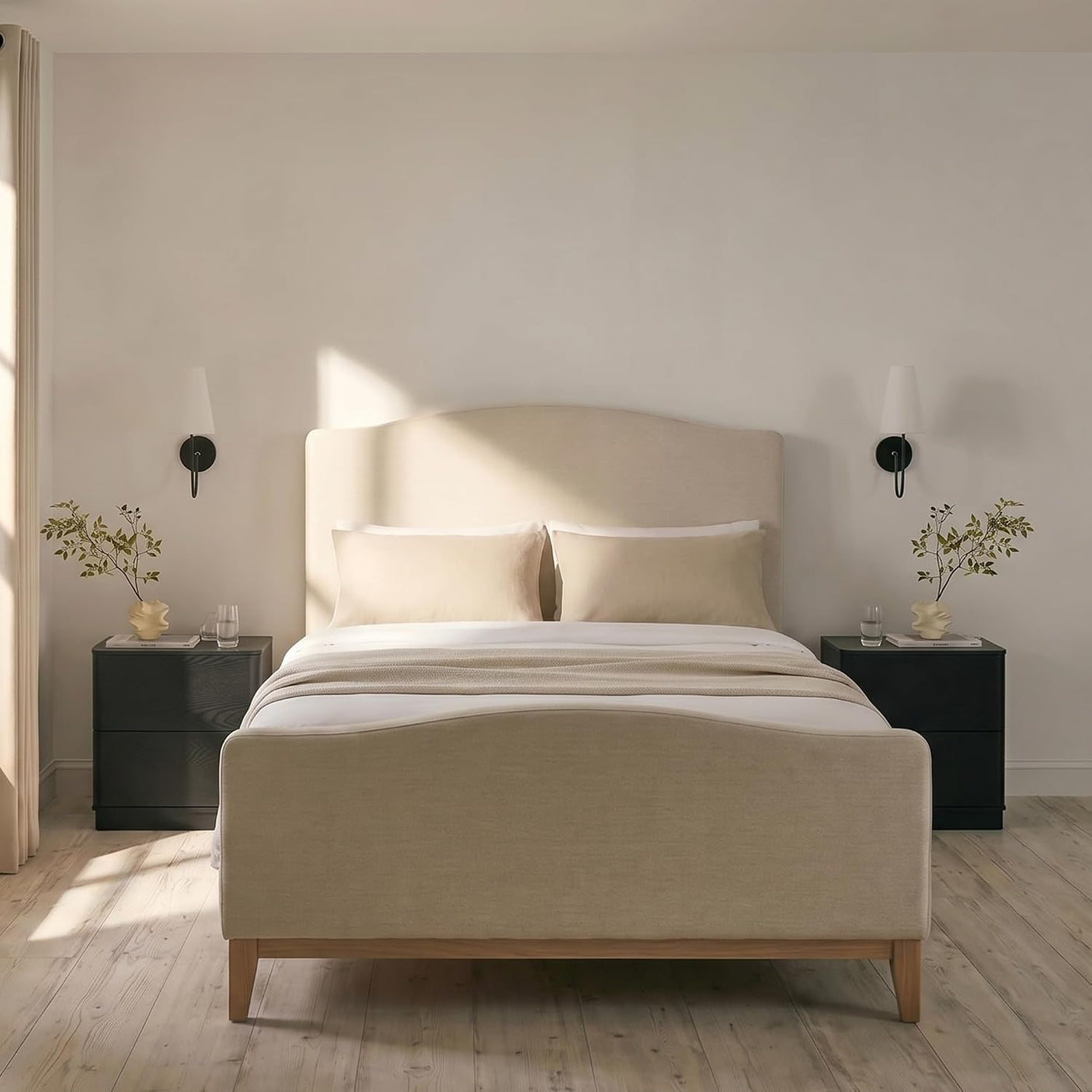 Nightstand with 2 Push to Open Drawers & Hidden Compartment | 22'' Curved Bedside Table | Mid-Century Modern
