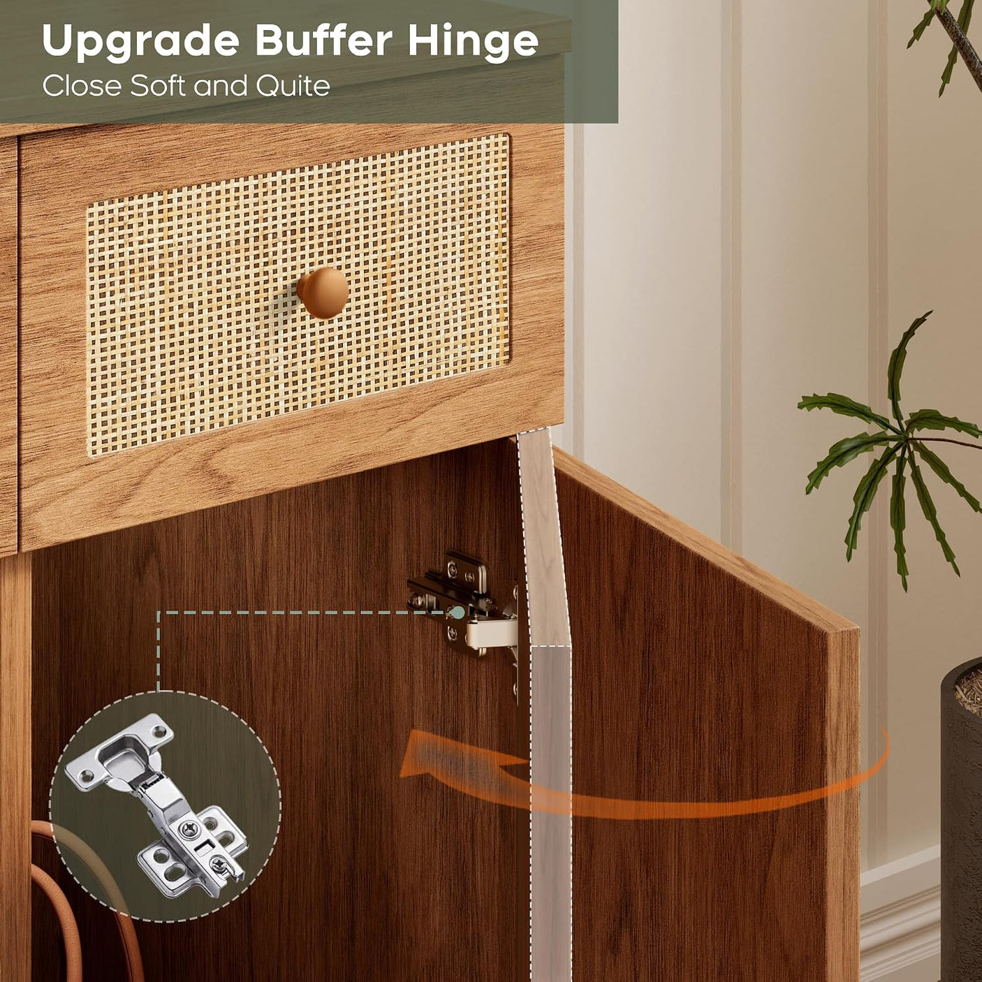 Yechen 43" Boho Makeup Vanity Desk with Sliding LED Mirror & Built-in Power Strip, Modern Rattan Dressing Table Set with Cushioned Stool for Bedroom