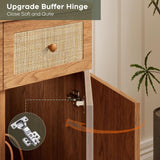 Yechen 43" Boho Makeup Vanity Desk with Sliding LED Mirror & Built-in Power Strip, Modern Rattan Dressing Table Set with Cushioned Stool for Bedroom