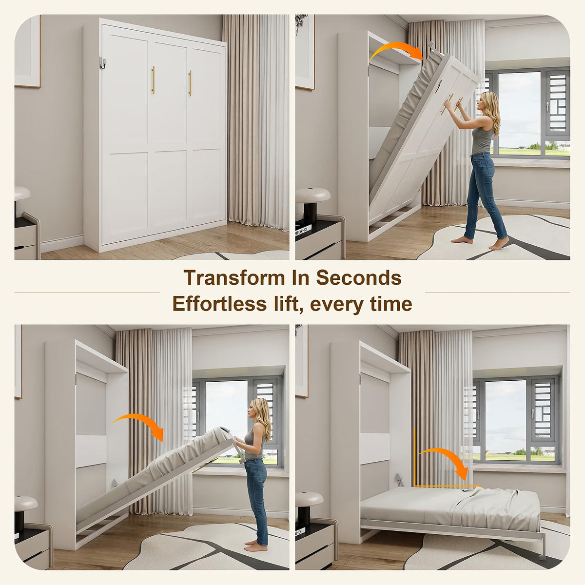 White Queen Murphy Bed with Desk & Dual Cabinets | Yechen Home
