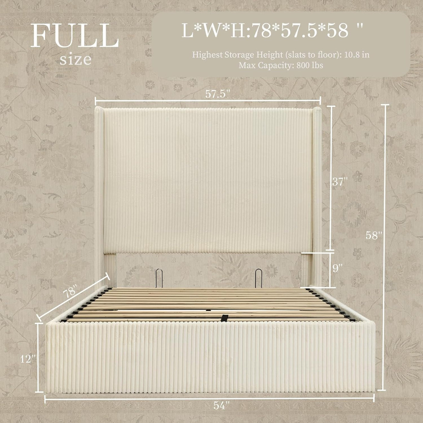 58" Tall Full Bed Frame with Lift Up Storage