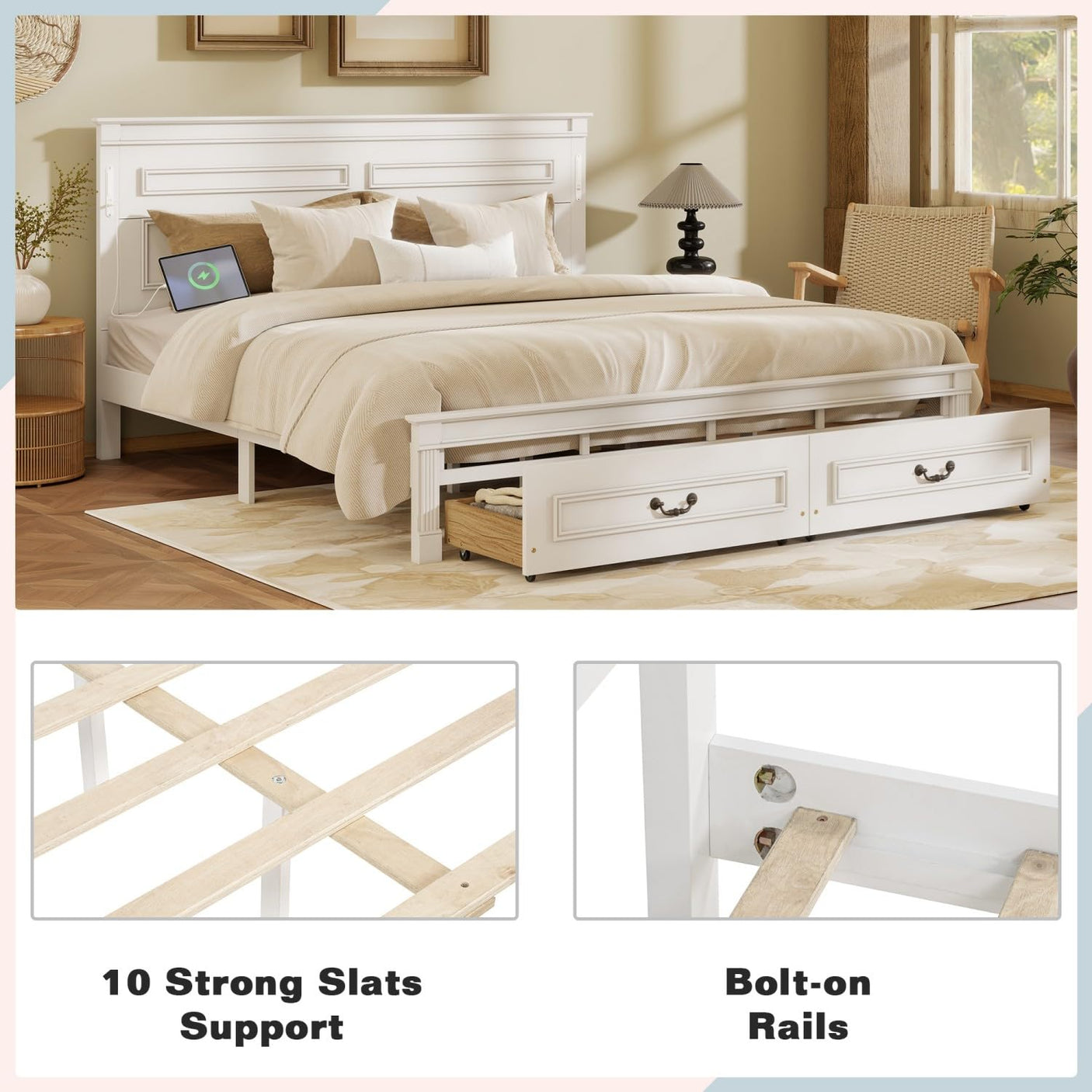 Farmhouse Bed Frame with Storage Drawers & LED Lights | Solid Pine Wood