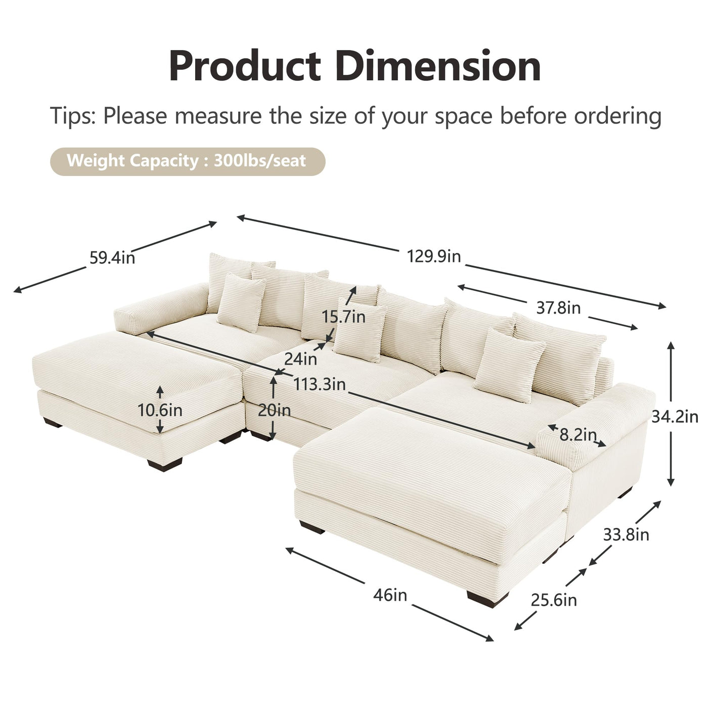 54" Oversized Corduroy Modular Sectional Sofa - Premium Comfort with High-Density Foam & Flexible Design