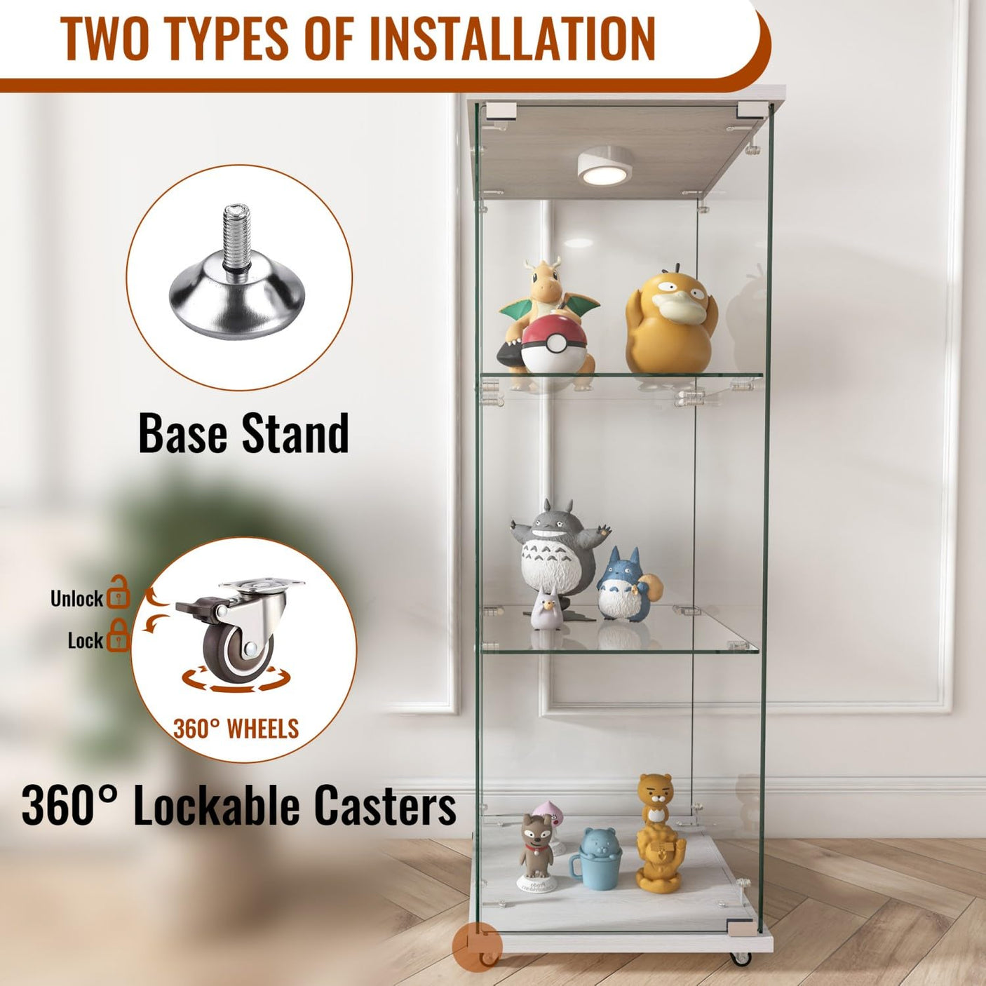 YECHEN Glass Display Cabinet with LED Lights | Tempered Glass Curio Cabinet