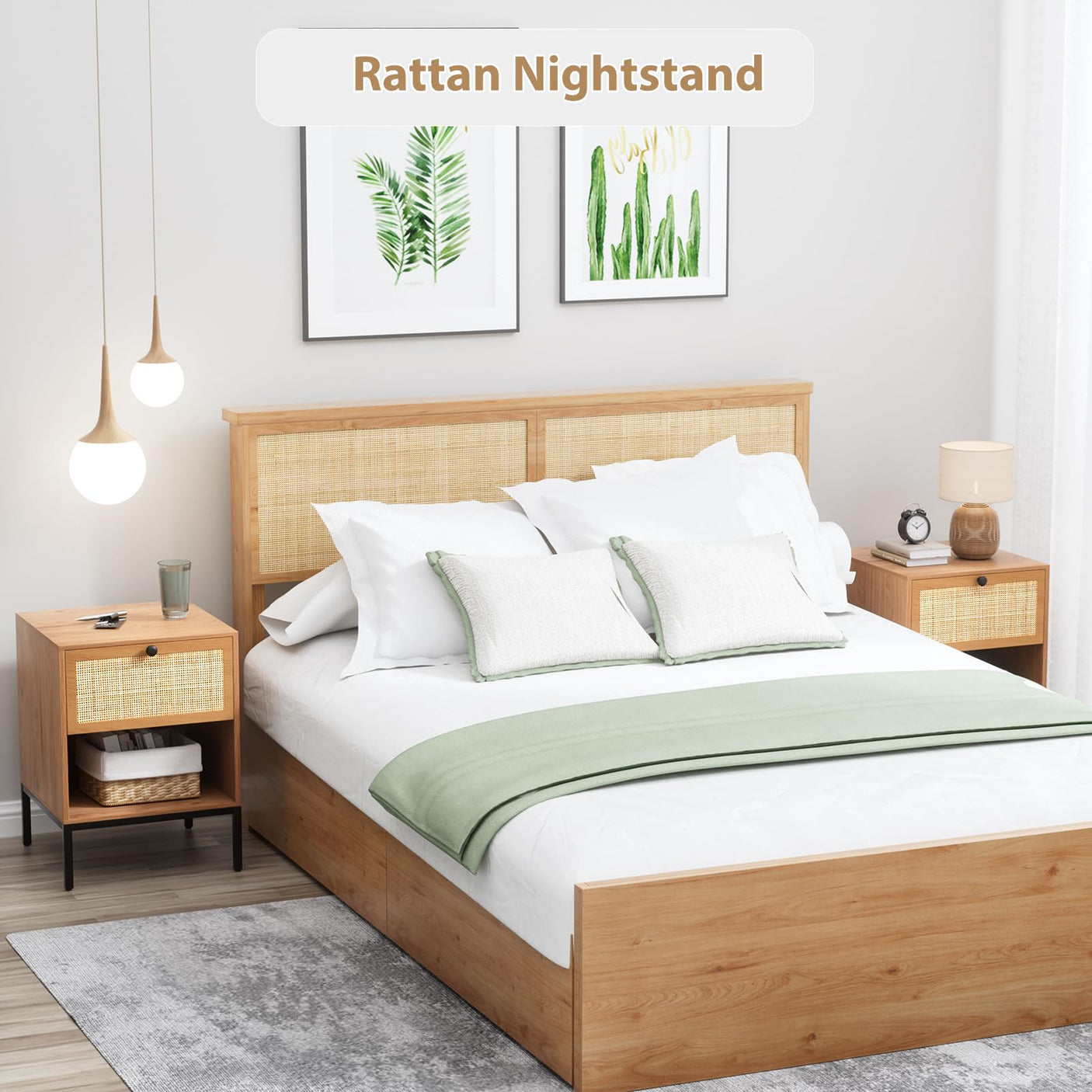 Yechen Rattan Nightstands Set of 2, 2-Drawer Boho Bedside Tables with Metal Legs