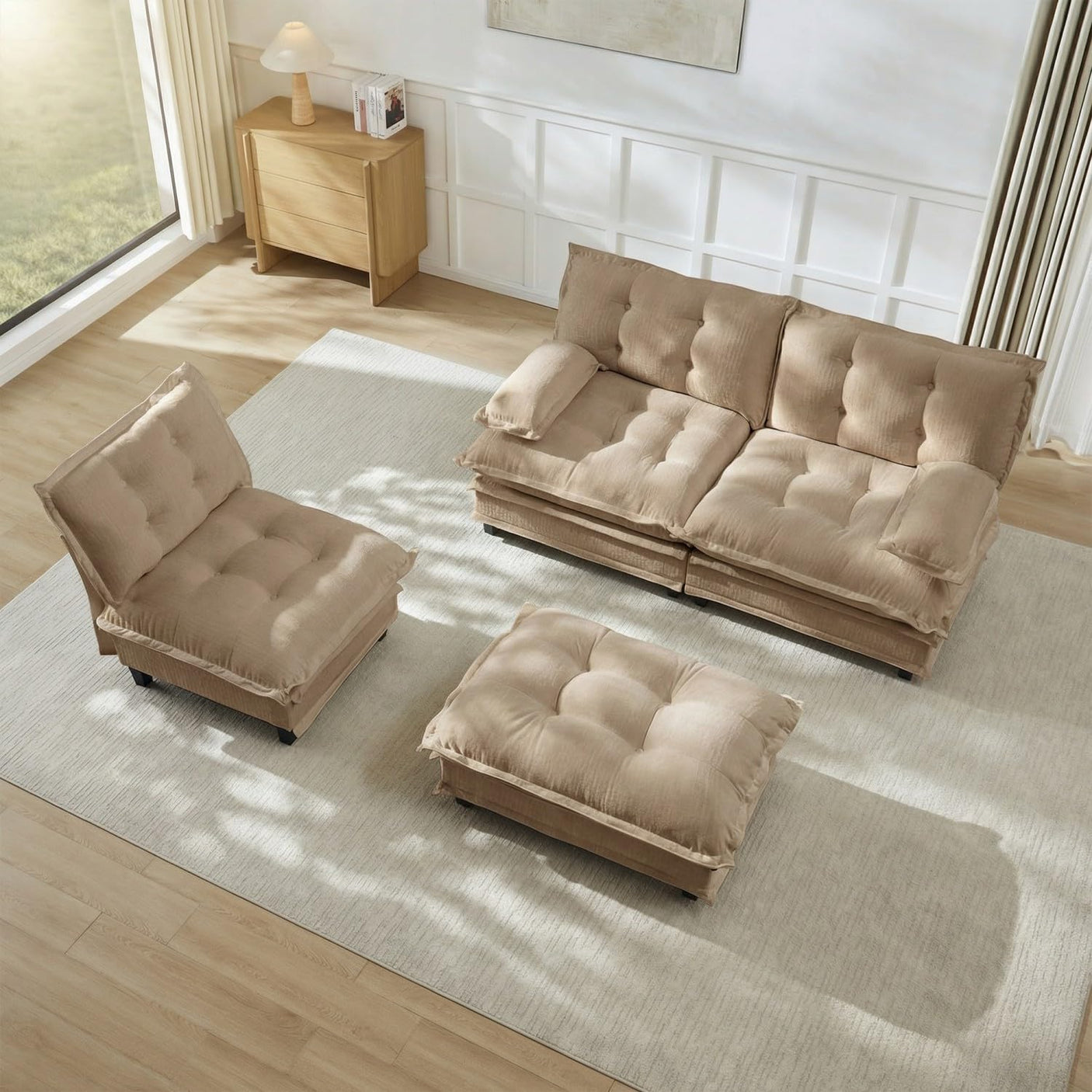 Modular Sectional Sofa with Cloud Cushions | Chenille Fabric | 2/3/4 Seater with Ottoman Options