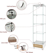 YECHEN Glass Display Cabinet with LED Lights | 4-Shelf Curio Cabinet with Drawer & Locking Door
