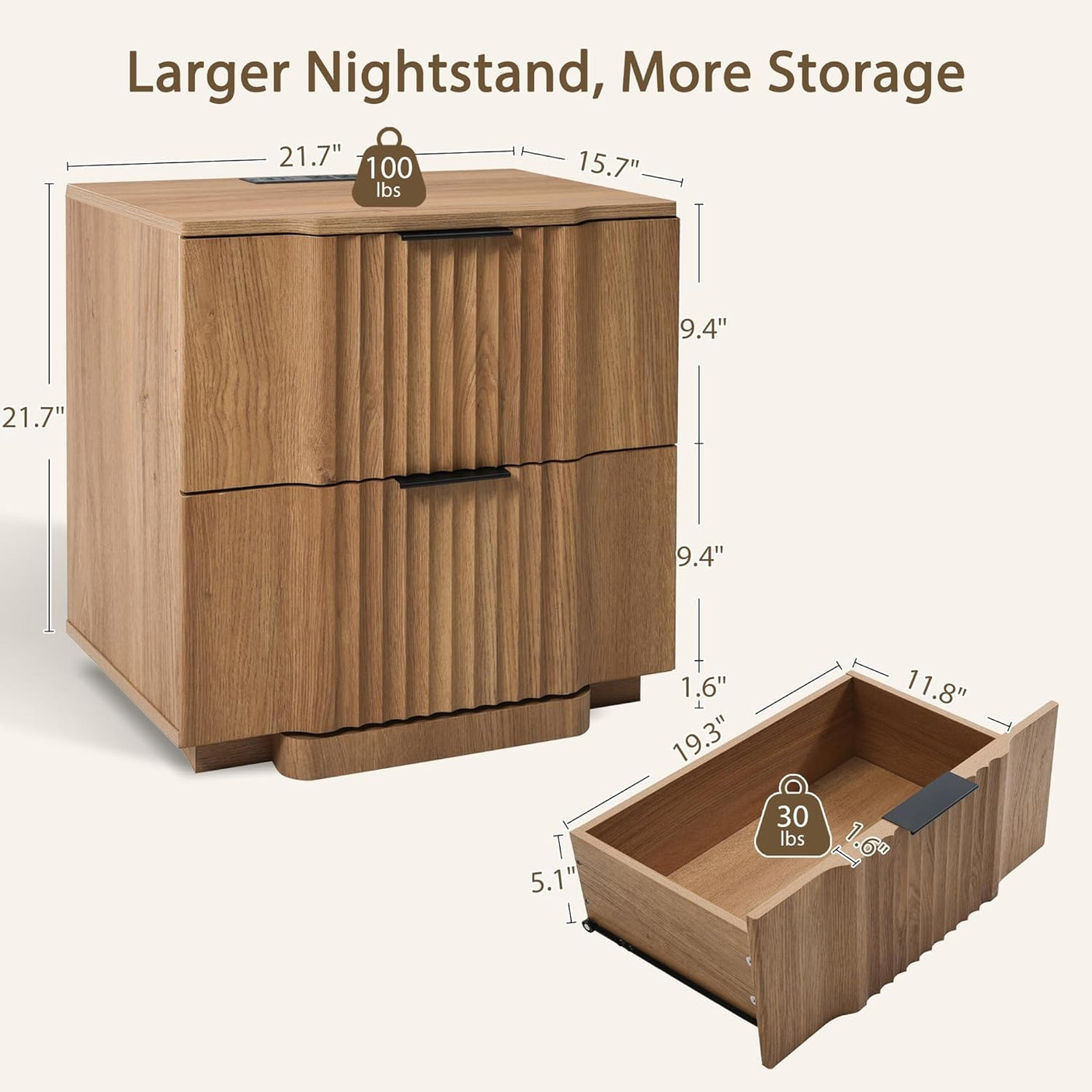 Fluted Nightstand with Charging Station