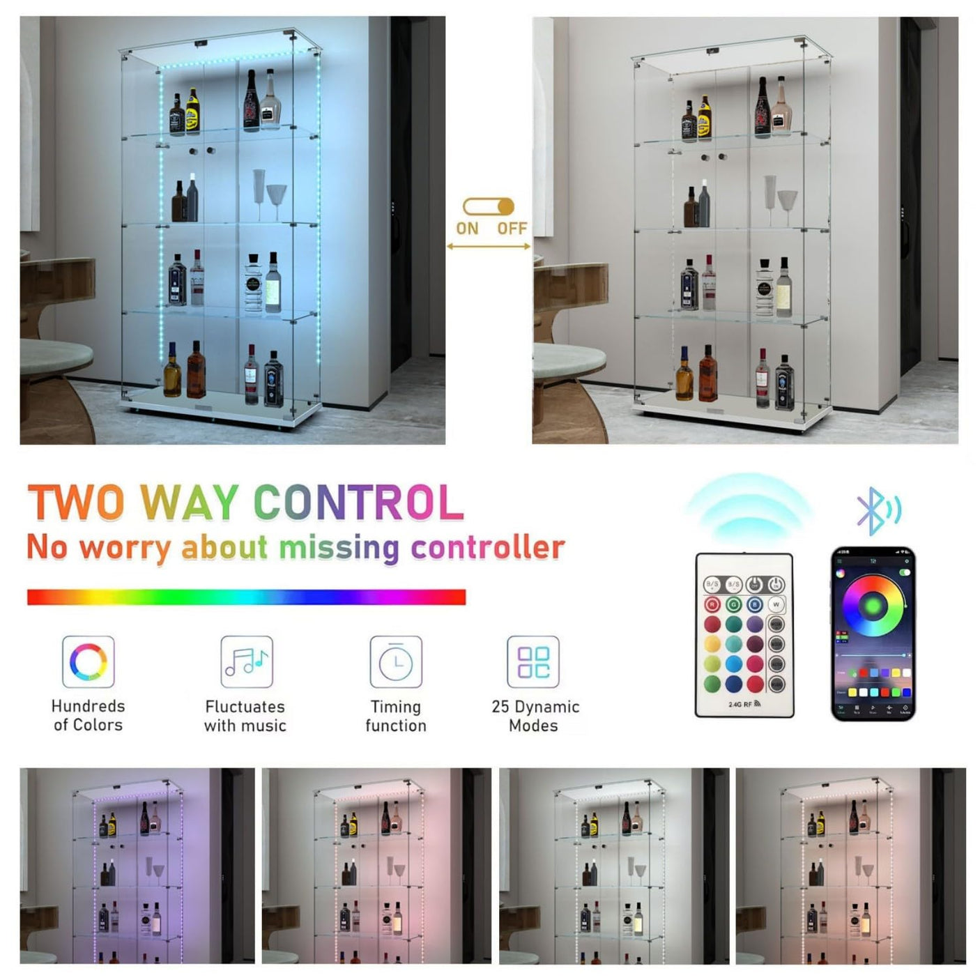 YECHEN 65" Smart Glass Display Cabinet | Bluetooth LED Lights, Music Sync & Swivel Casters – 4-Tier Curio Cabinet