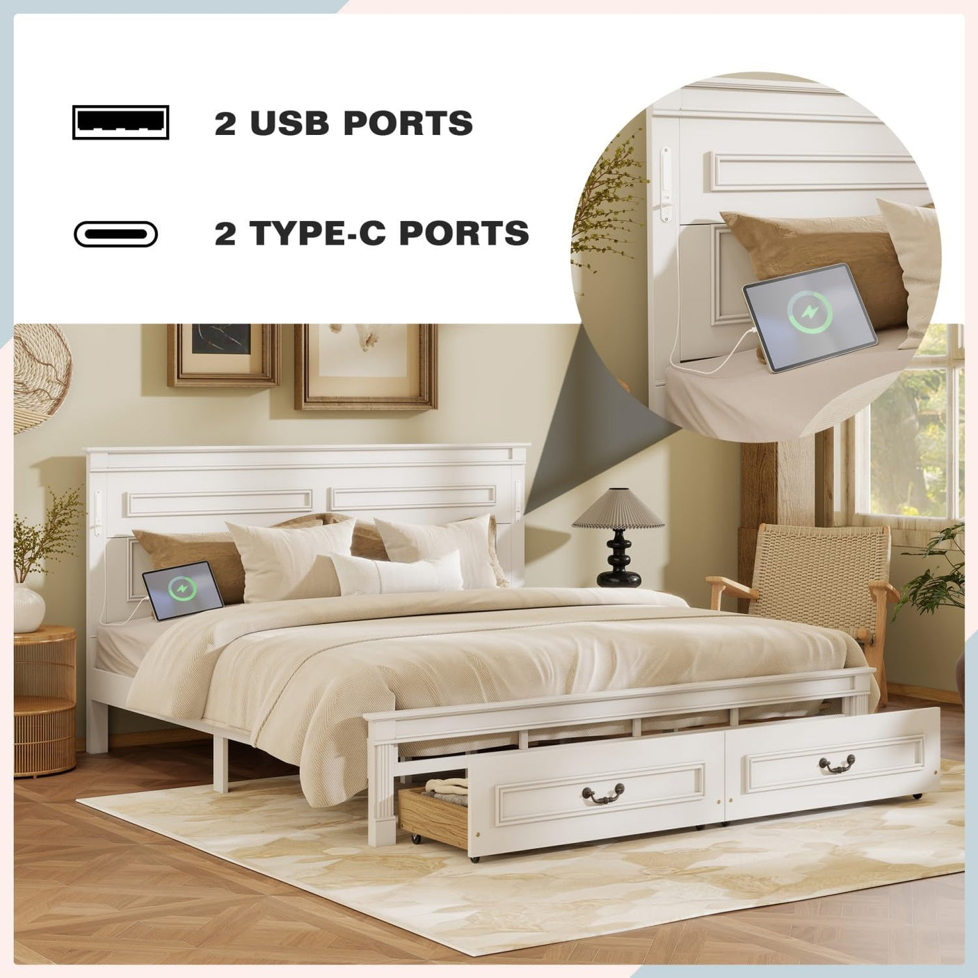 Farmhouse Bed Frame with Storage Drawers & LED Lights | Solid Pine Wood