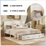 Farmhouse Bed Frame with Storage Drawers & LED Lights | Solid Pine Wood