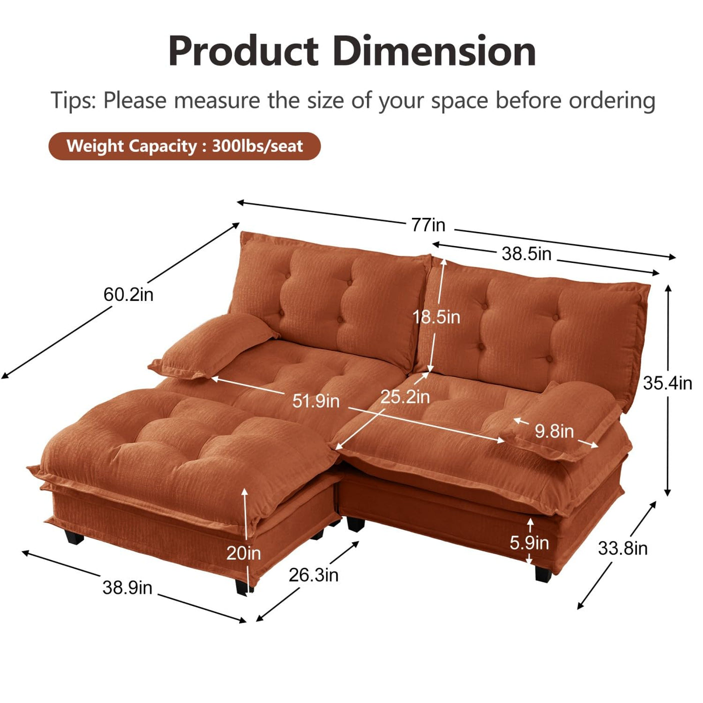 Modular Sectional Sofa with Cloud Cushions | Chenille Fabric | 2/3/4 Seater with Ottoman Options