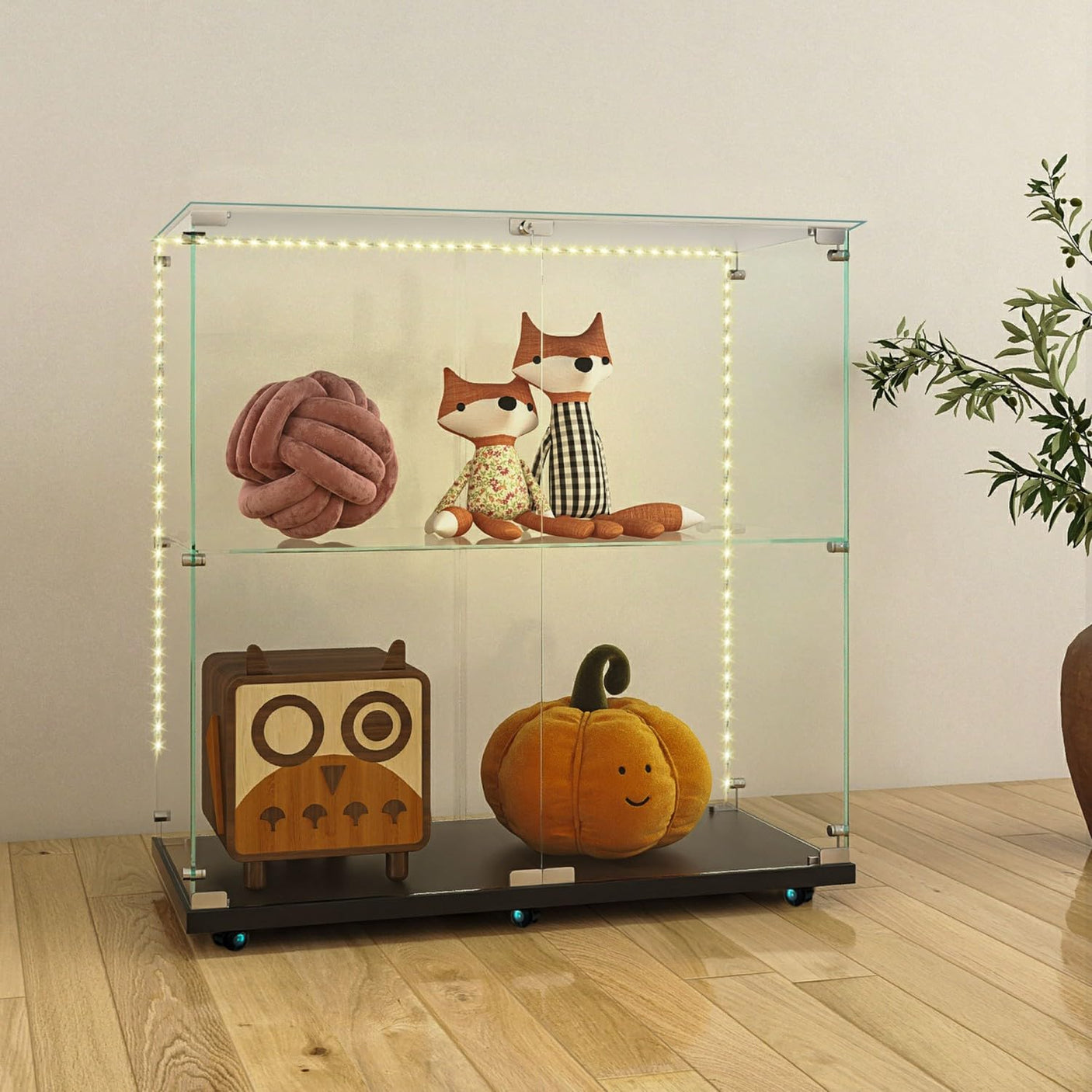 2-Tier Tempered Glass Display Cabinet with Bluetooth LED Light | Music Sync, Motion Sensor & Lockable Casters