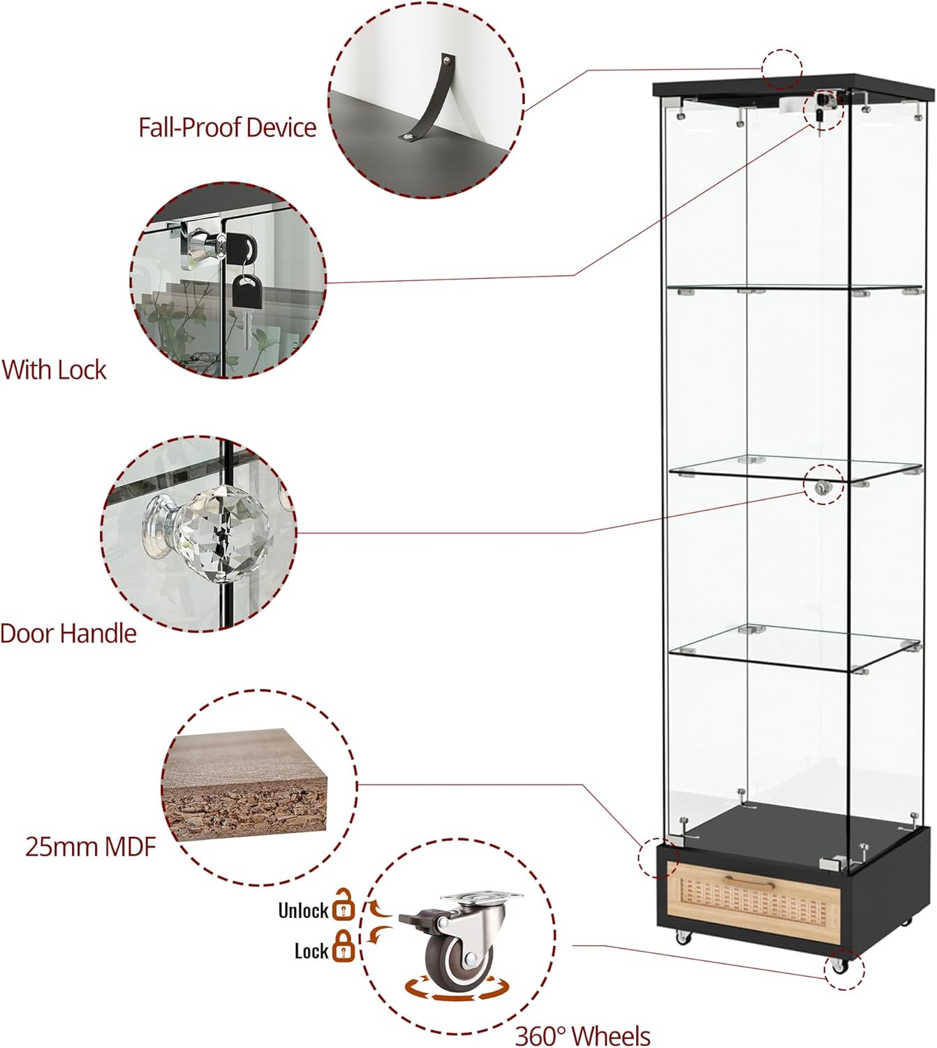 YECHEN Glass Display Cabinet with LED Lights | 4-Shelf Curio Cabinet with Drawer & Locking Door