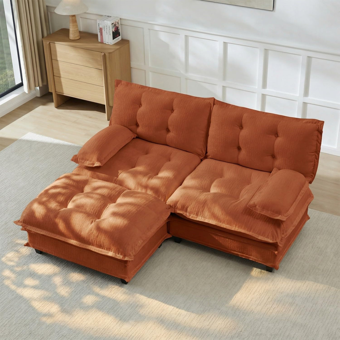 Modular Sectional Sofa with Cloud Cushions | Chenille Fabric | 2/3/4 Seater with Ottoman Options