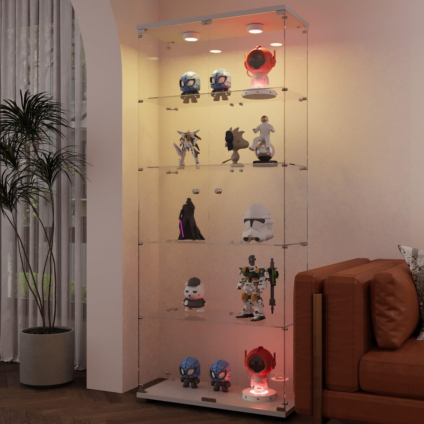 YECHEN 75" Tall White Glass Display Cabinet | 5-Tier Curio Cabinet with LED Lights & Security Lock