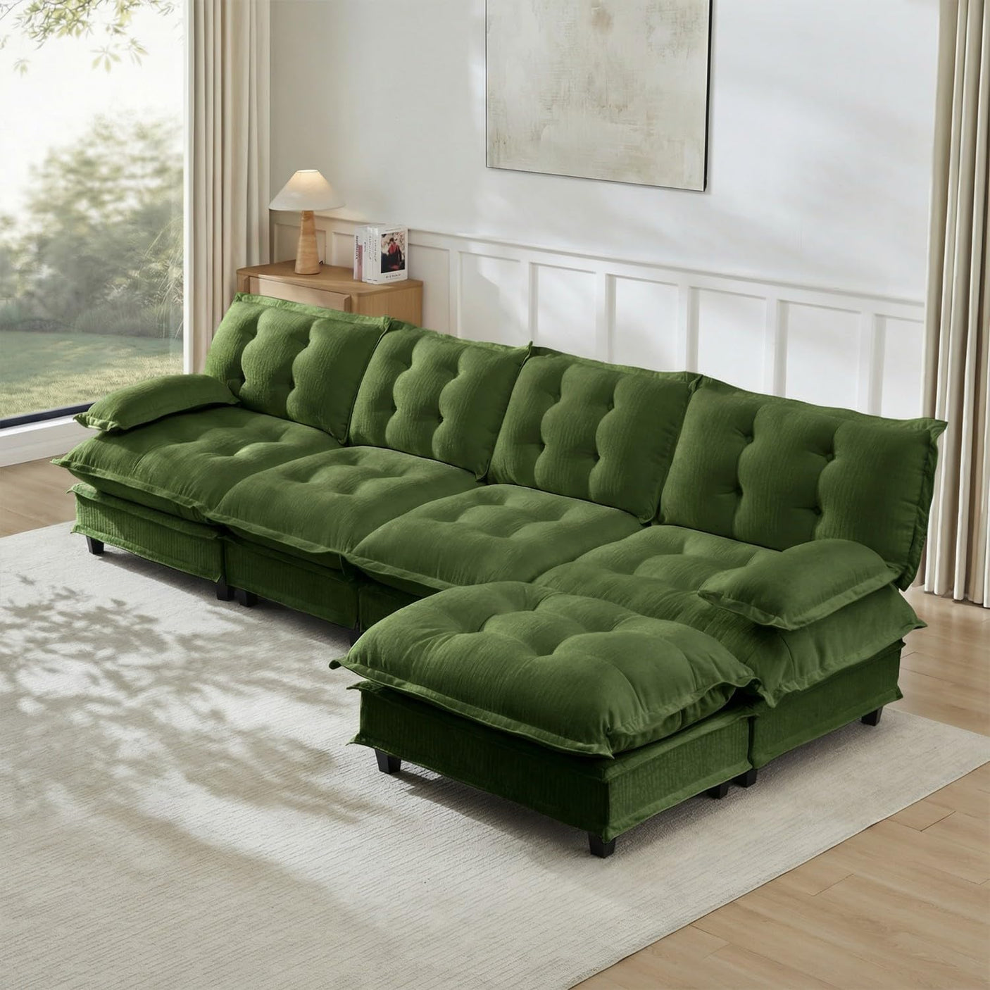 Modular Sectional Sofa with Cloud Cushions | Chenille Fabric | 2/3/4 Seater with Ottoman Options