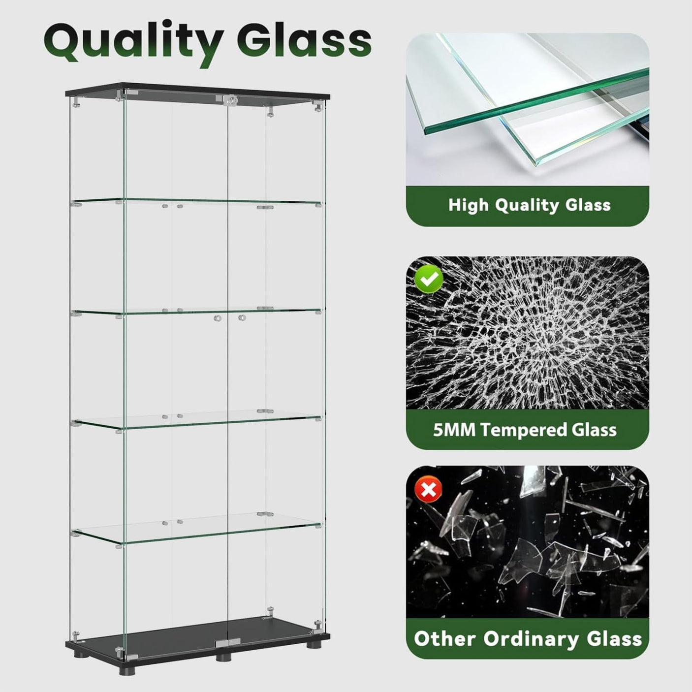 YECHEN Glass Display Cabinet with 5-Shelf | Tempered Glass Curio Cabinet with Lock, Double Doors & Anti-Topple Device