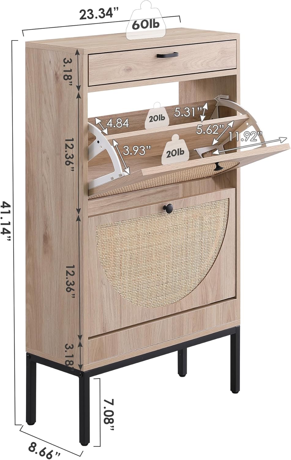 Wooden Entryway Shoe Cabinet with Rattan Doors