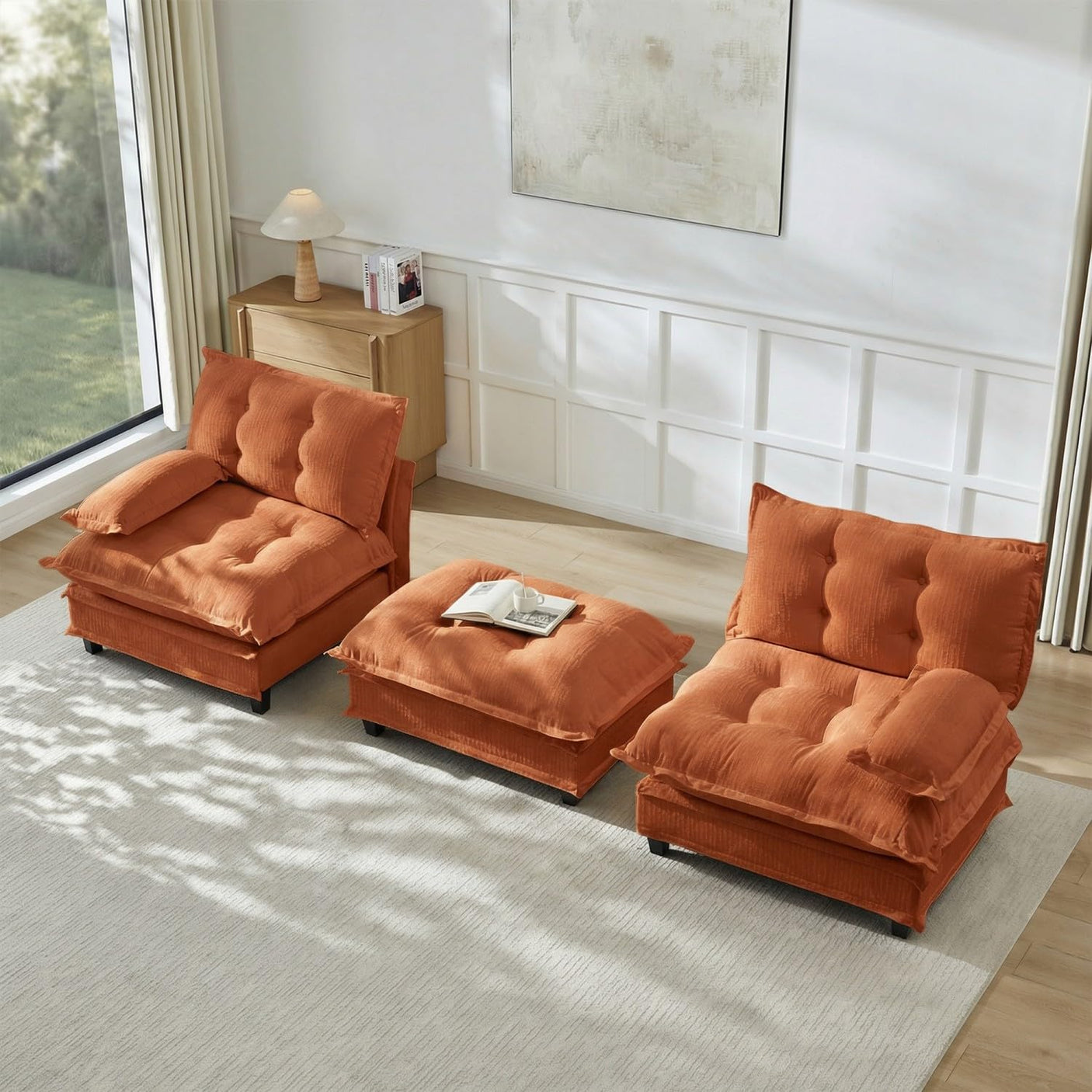 Modular Sectional Sofa with Cloud Cushions | Chenille Fabric | 2/3/4 Seater with Ottoman Options