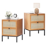 Yechen Rattan Nightstands Set of 2, 2-Drawer Boho Bedside Tables with Metal Legs