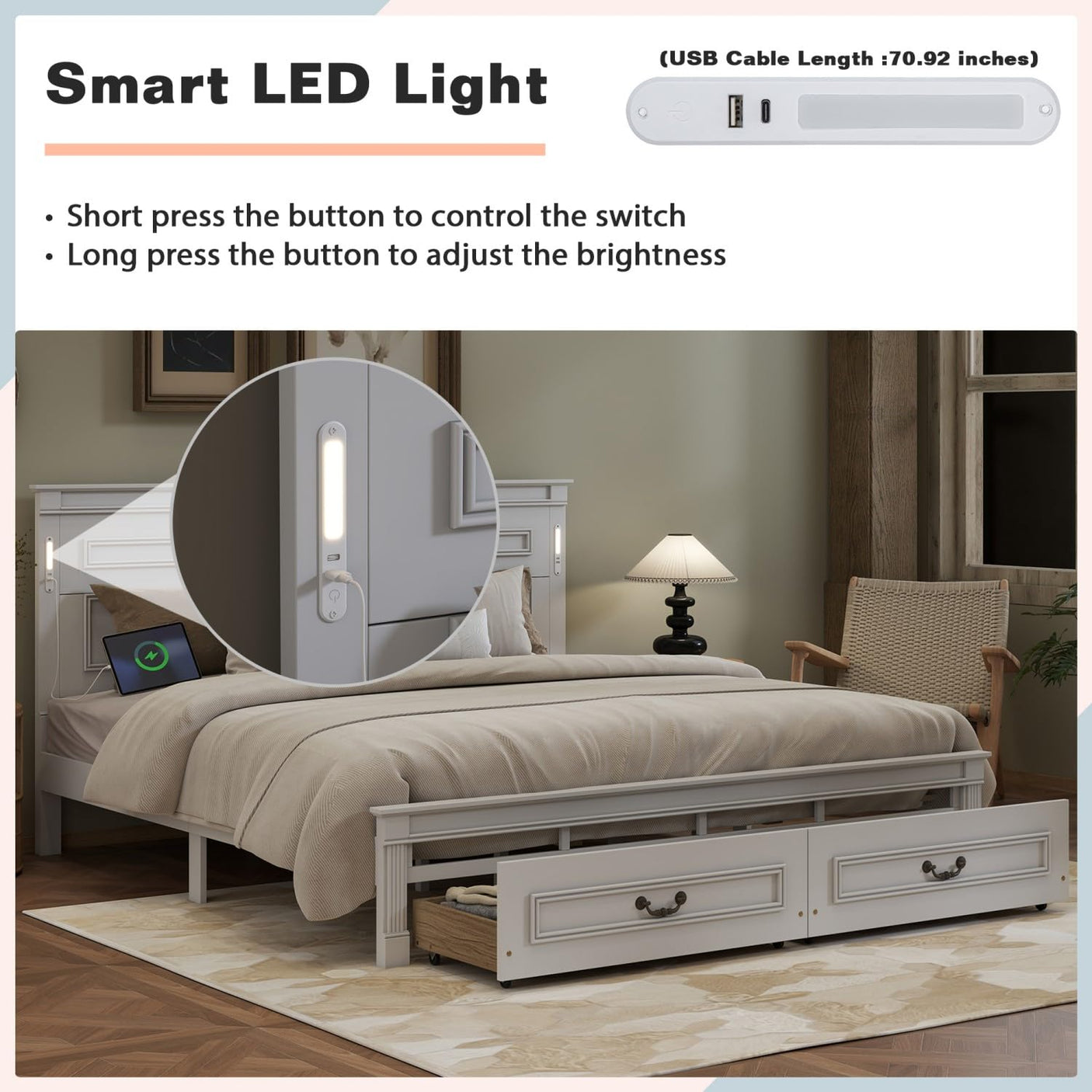 Farmhouse Bed Frame with Storage Drawers & LED Lights | Solid Pine Wood