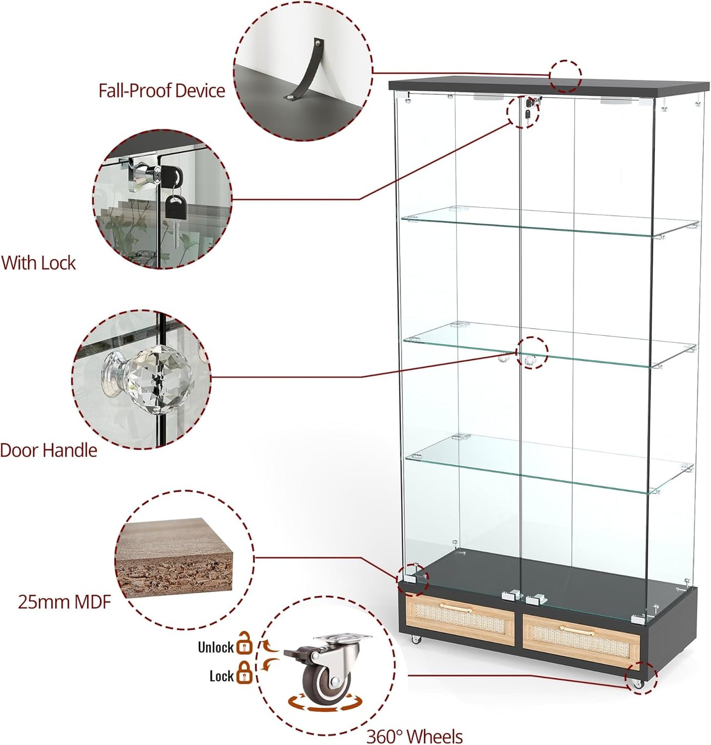 YECHEN Glass Display Cabinet with LED Lights | Double-Door Curio Cabinet with 2 Drawers