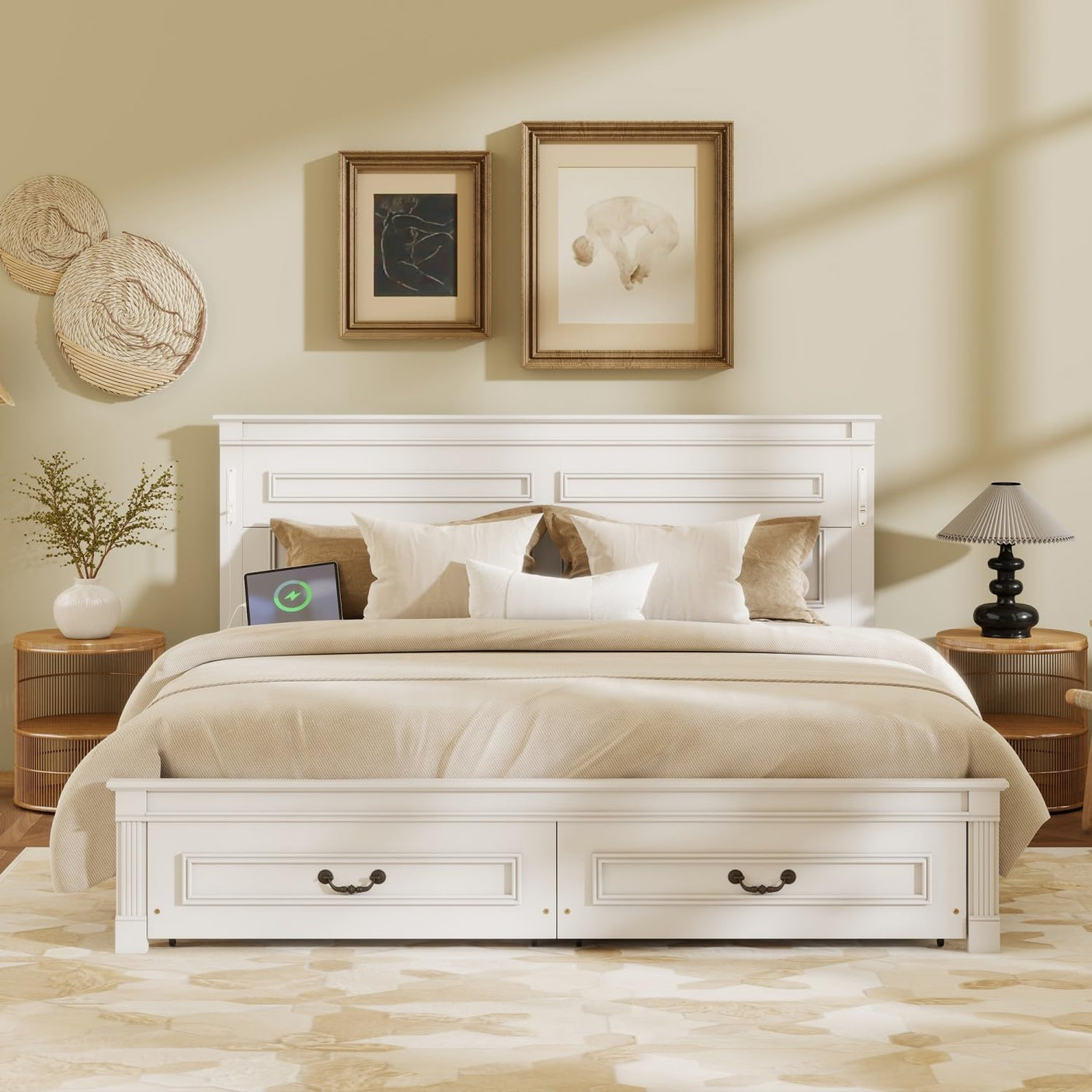 Farmhouse Bed Frame with Storage Drawers & LED Lights | Solid Pine Wood
