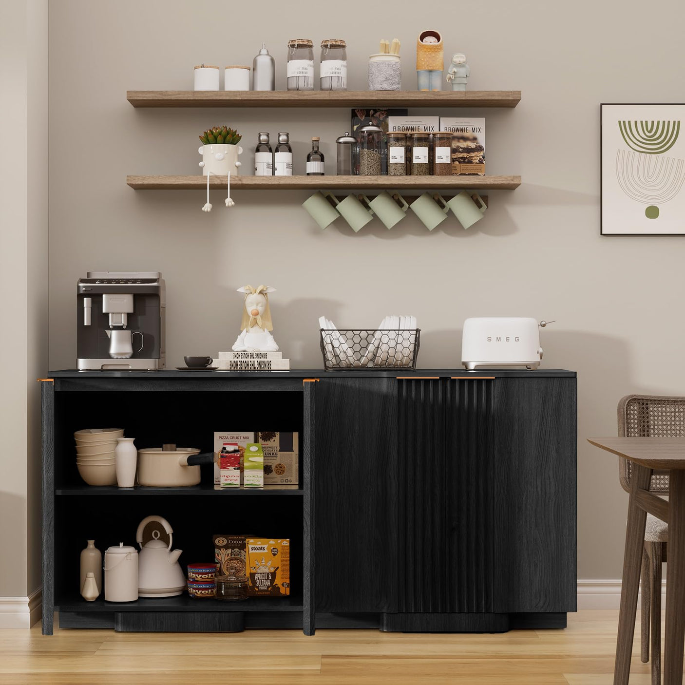 55" Buffet Cabinet with Storage, Modern Fluted Sideboard in Black – FSC Wood, Adjustable Shelves