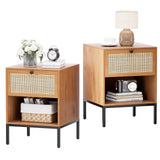 Yechen Rattan Nightstands Set of 2, 2-Drawer Boho Bedside Tables with Metal Legs