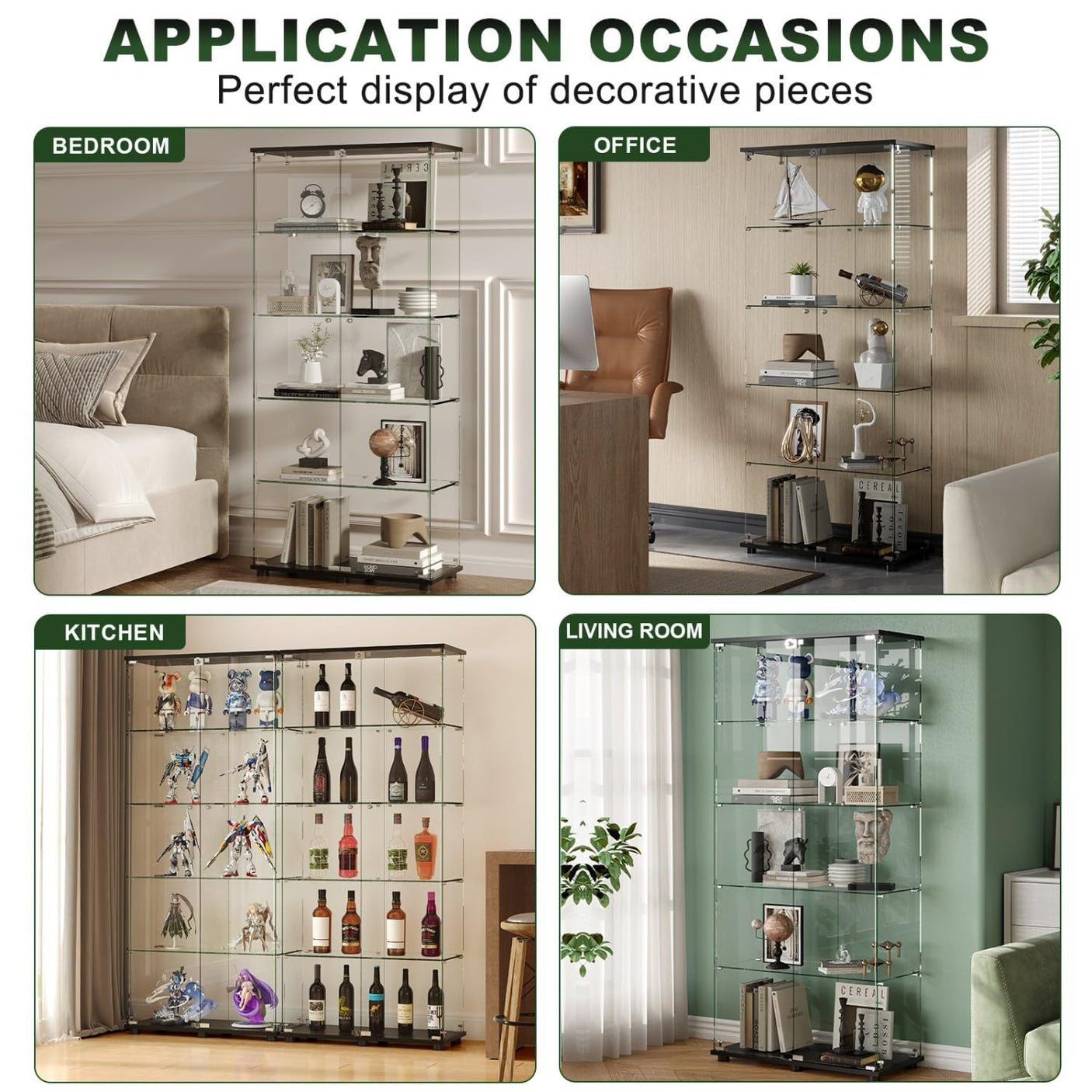 YECHEN Glass Display Cabinet with 5-Shelf | Tempered Glass Curio Cabinet with Lock, Double Doors & Anti-Topple Device