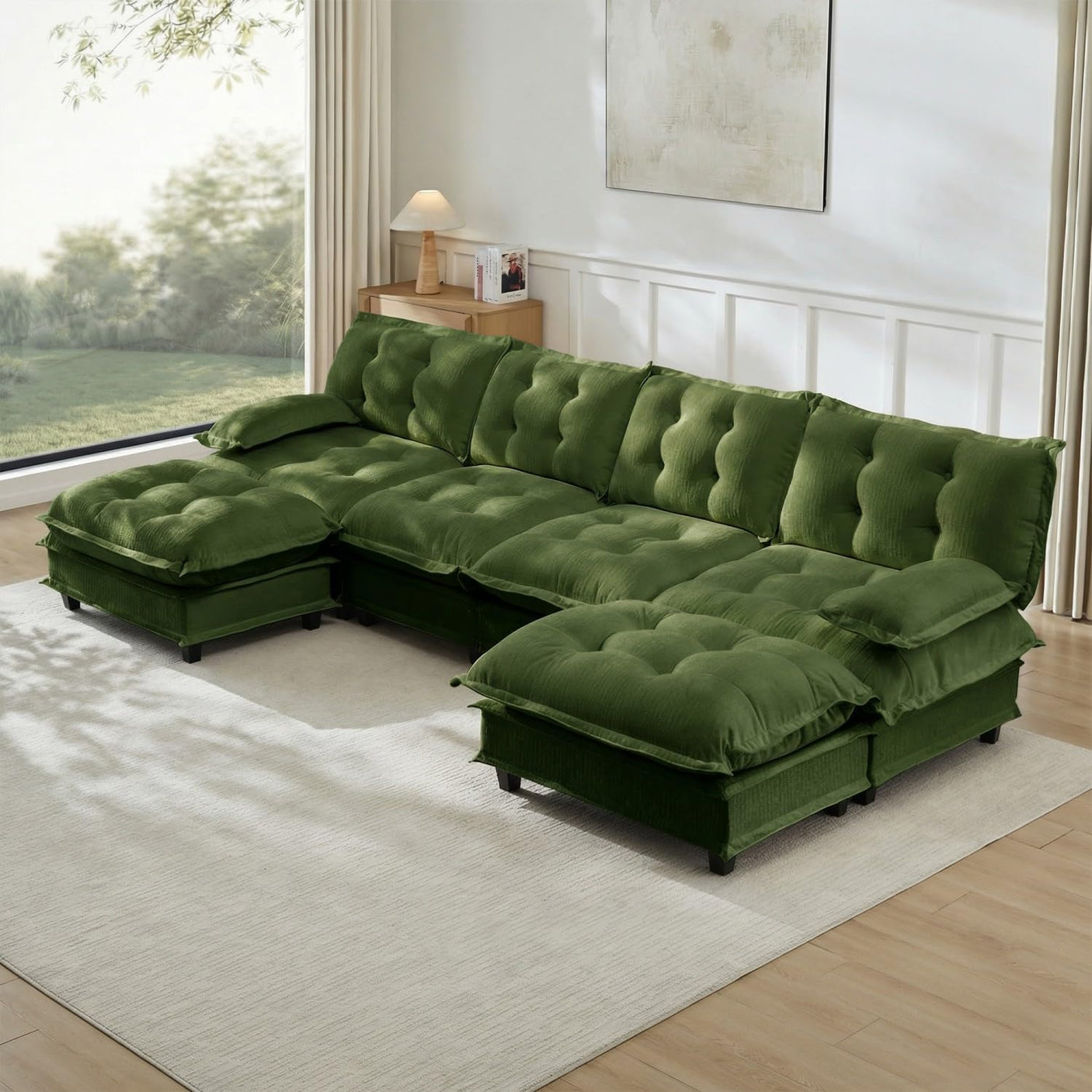 Modular Sectional Sofa with Cloud Cushions | Chenille Fabric | 2/3/4 Seater with Ottoman Options
