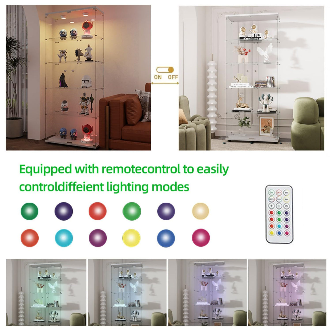 YECHEN 75" Tall White Glass Display Cabinet | 5-Tier Curio Cabinet with LED Lights & Security Lock