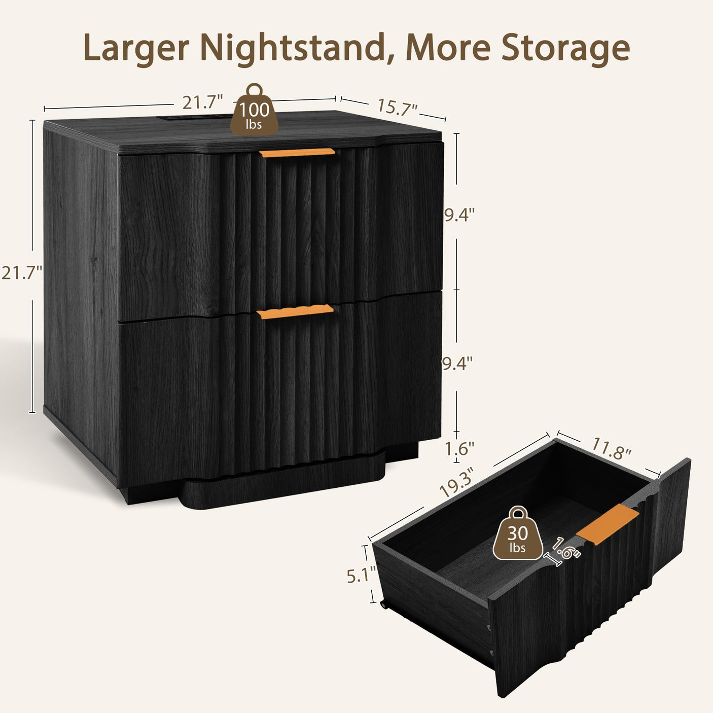 Yechen Fluted Wood Nightstand with 20W Fast Charging – 2-Drawer Bedside Table, Black