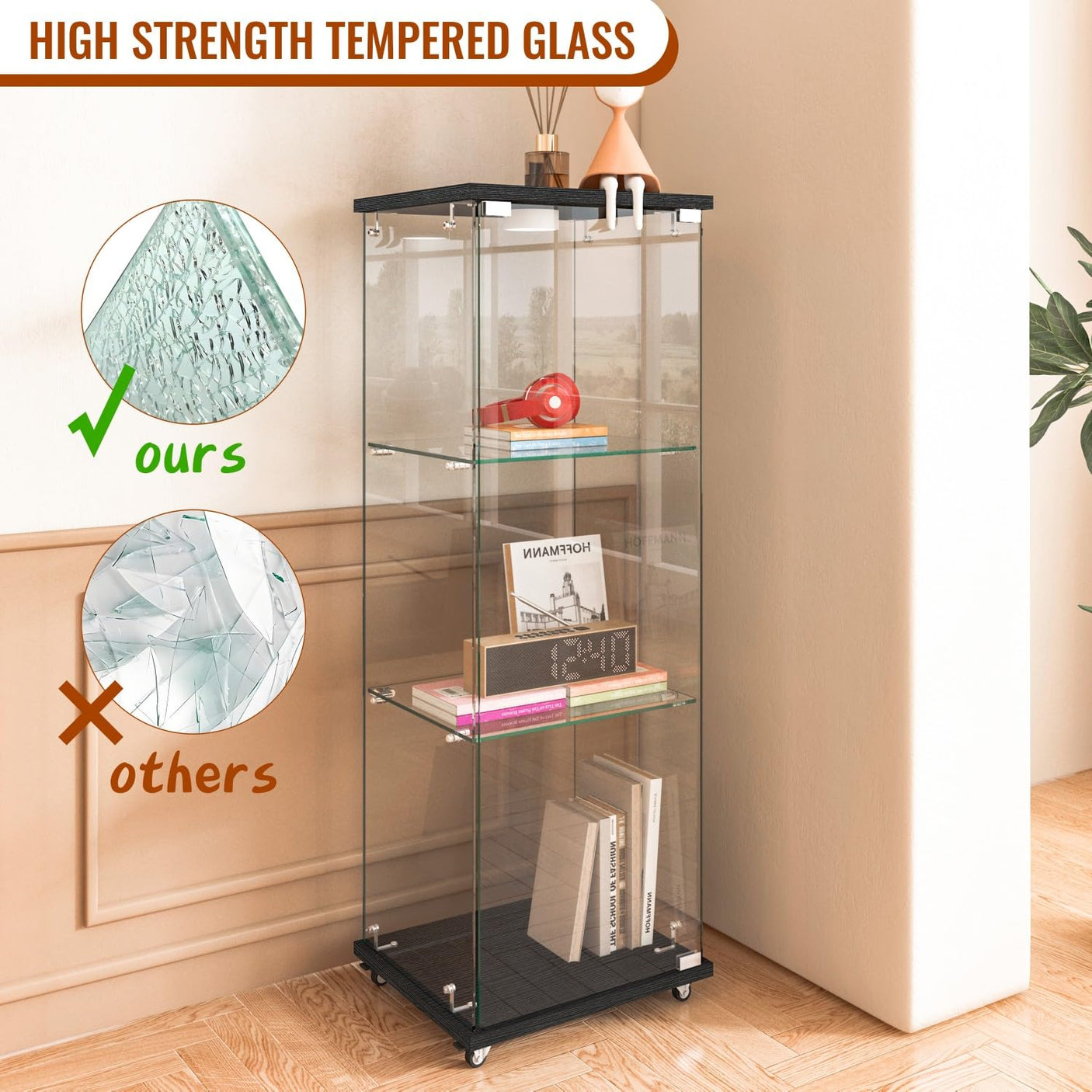 YECHEN Glass Display Cabinet with LED Lights | Tempered Glass Curio Cabinet