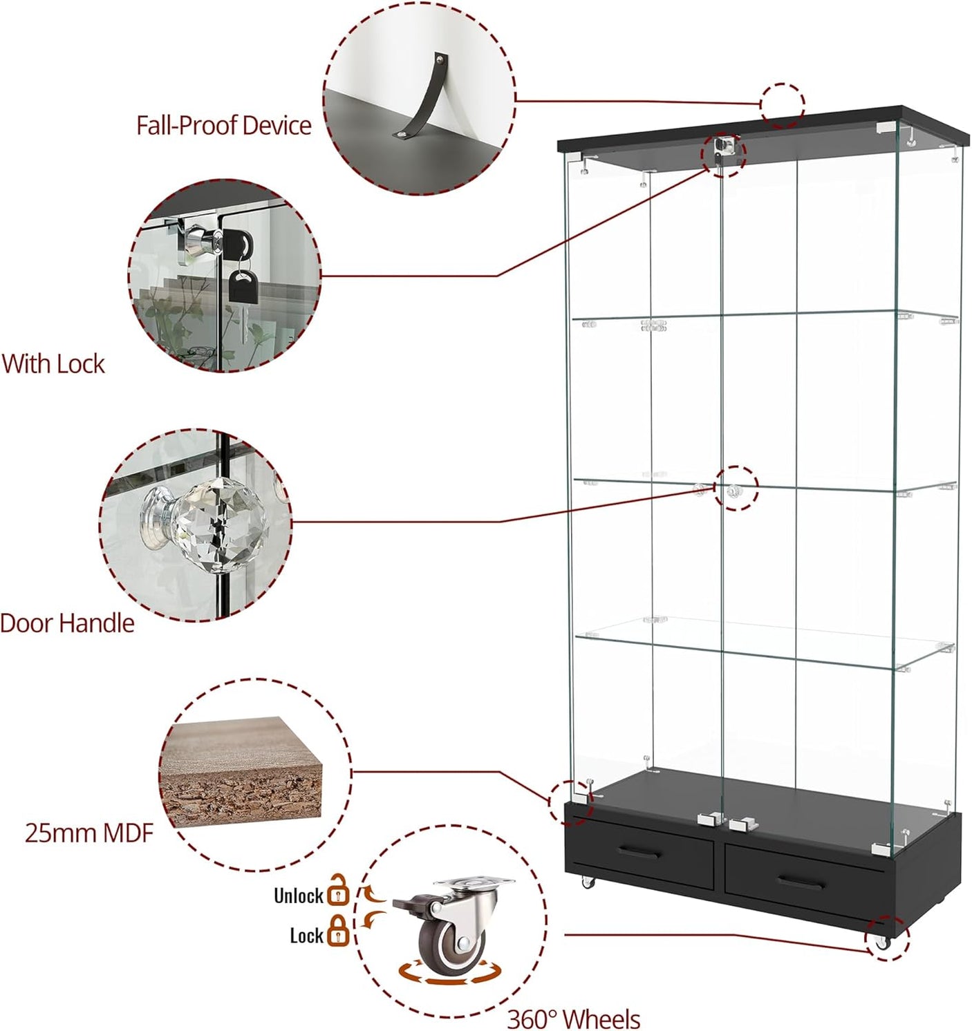 YECHEN Glass Display Cabinet with LED Lights | Double-Door Curio Cabinet with 2 Drawers