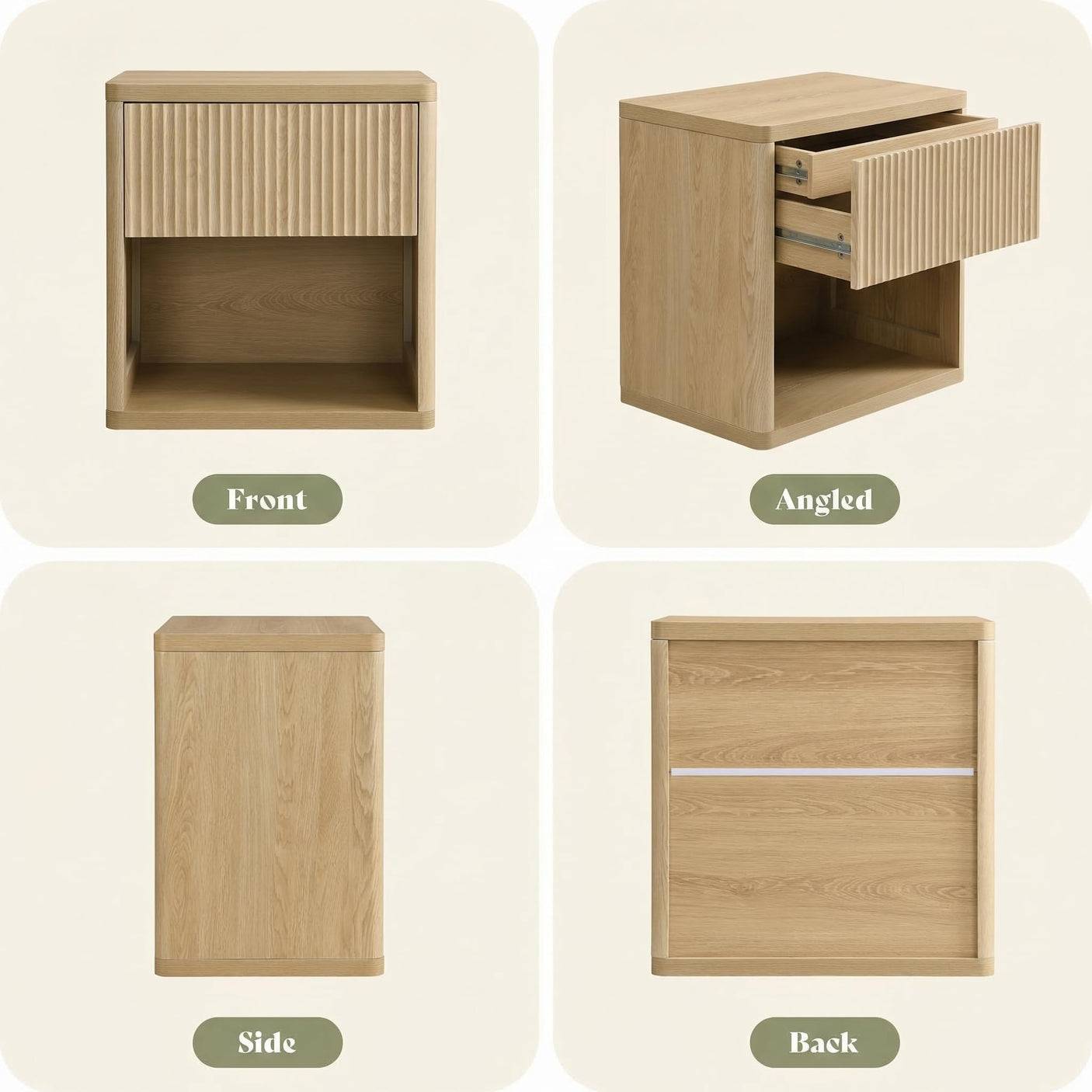 Yechen Fluted Nightstand | 22.8" Wide Mid-Century Bedside Table with Hidden Drawer & Open Shelf