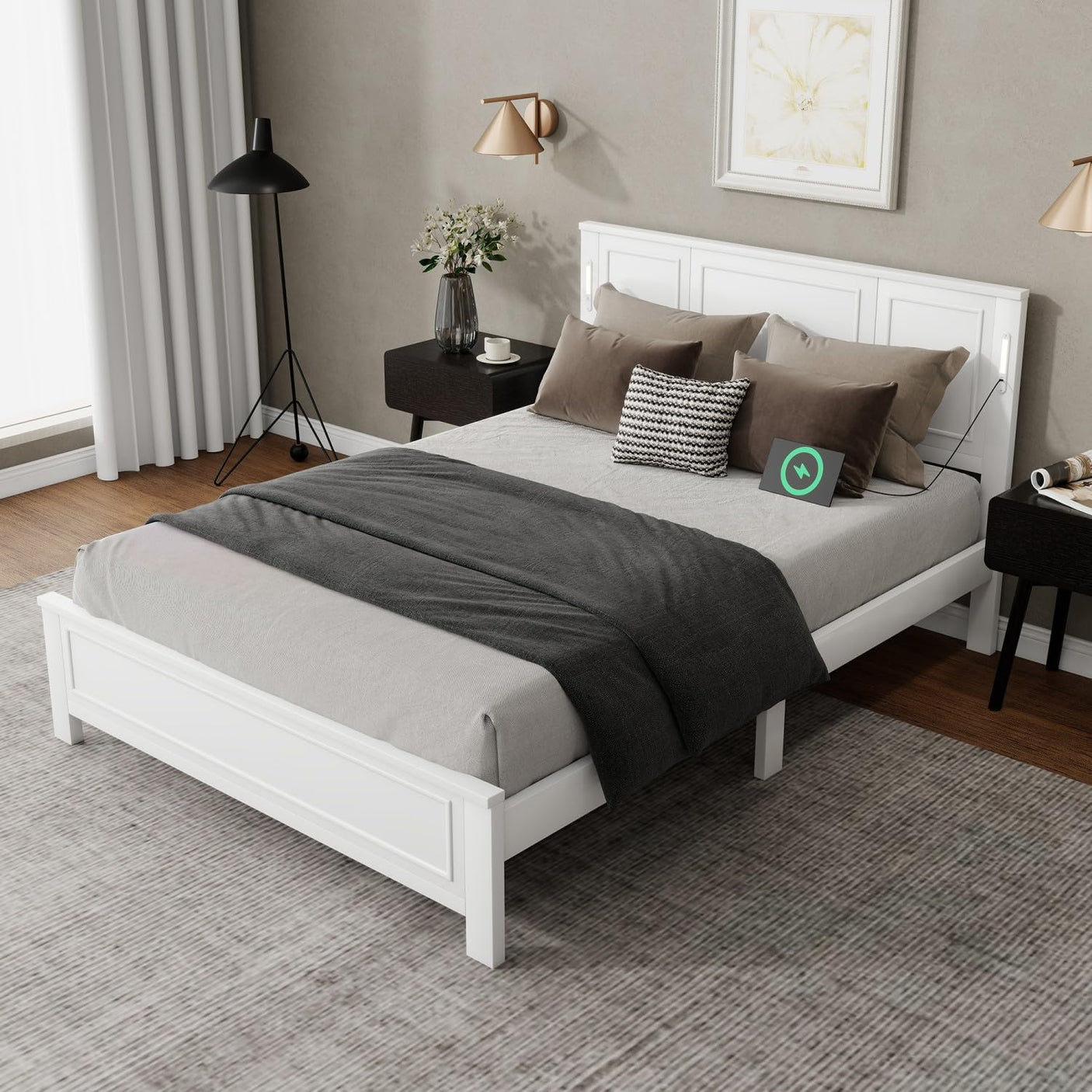 Farmhouse Bed Frame with LED Lights & Charging Station | Solid Pine Wood | Queen & King