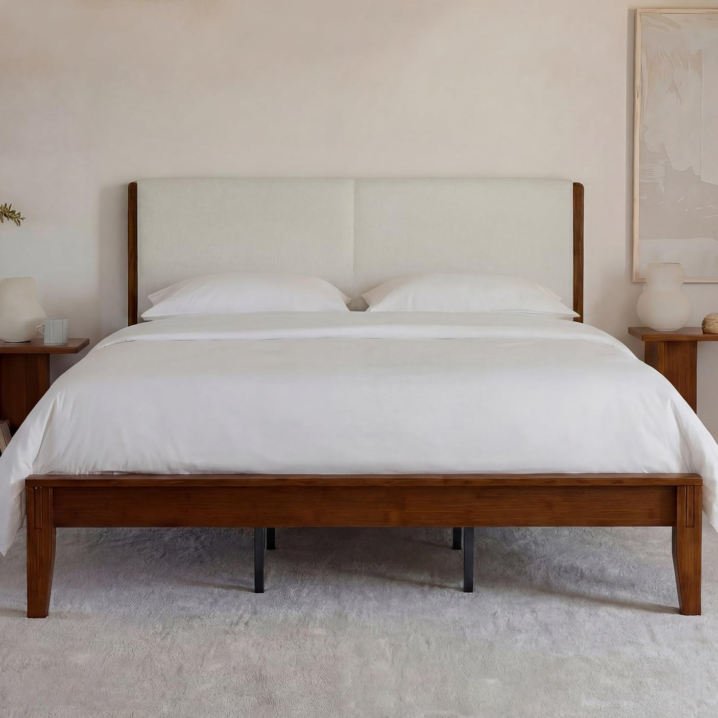 Yechen Bamboo Bed Frame – Japanese Joinery, Linen Headboard, Queen & King