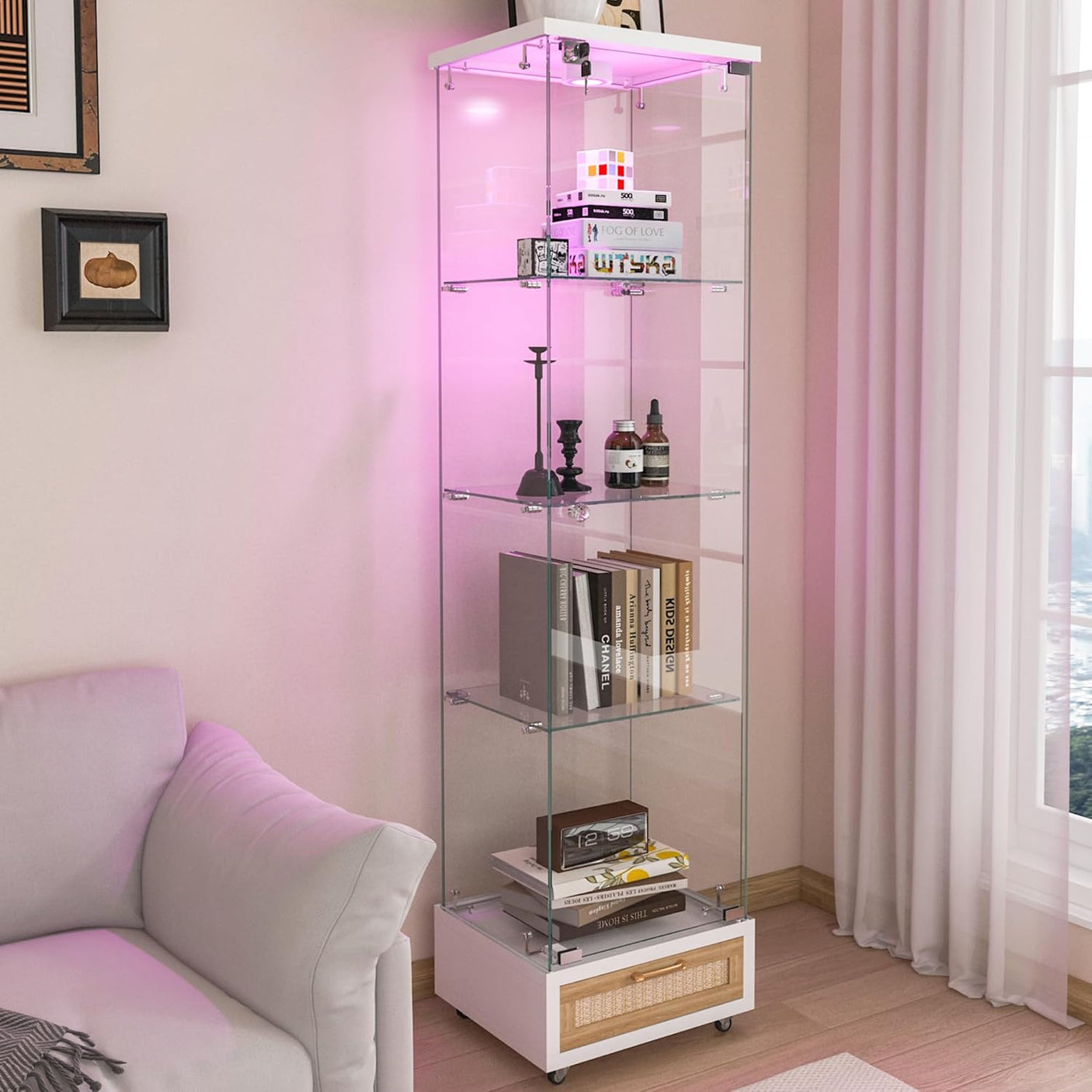 YECHEN Glass Display Cabinet with LED Lights | 4-Shelf Curio Cabinet with Drawer & Locking Door