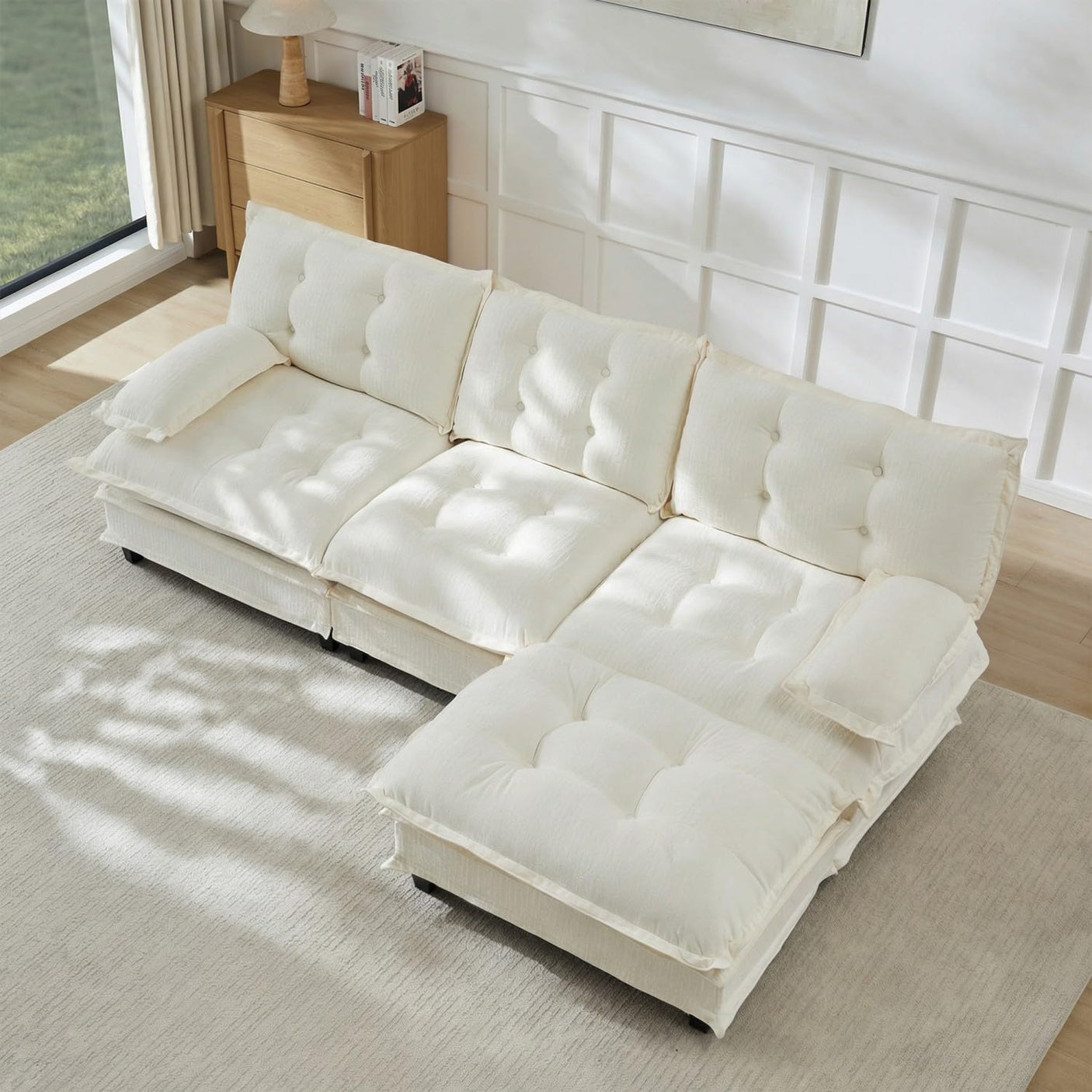 Modular Sectional Sofa with Cloud Cushions | Chenille Fabric | 2/3/4 Seater with Ottoman Options