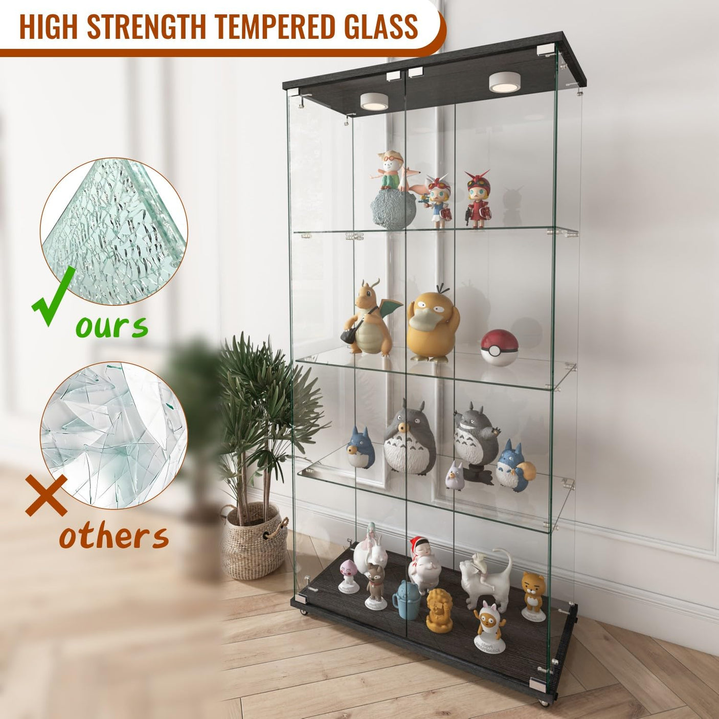 YECHEN Glass Display Cabinet with LED Lights | Tempered Glass Curio Cabinet