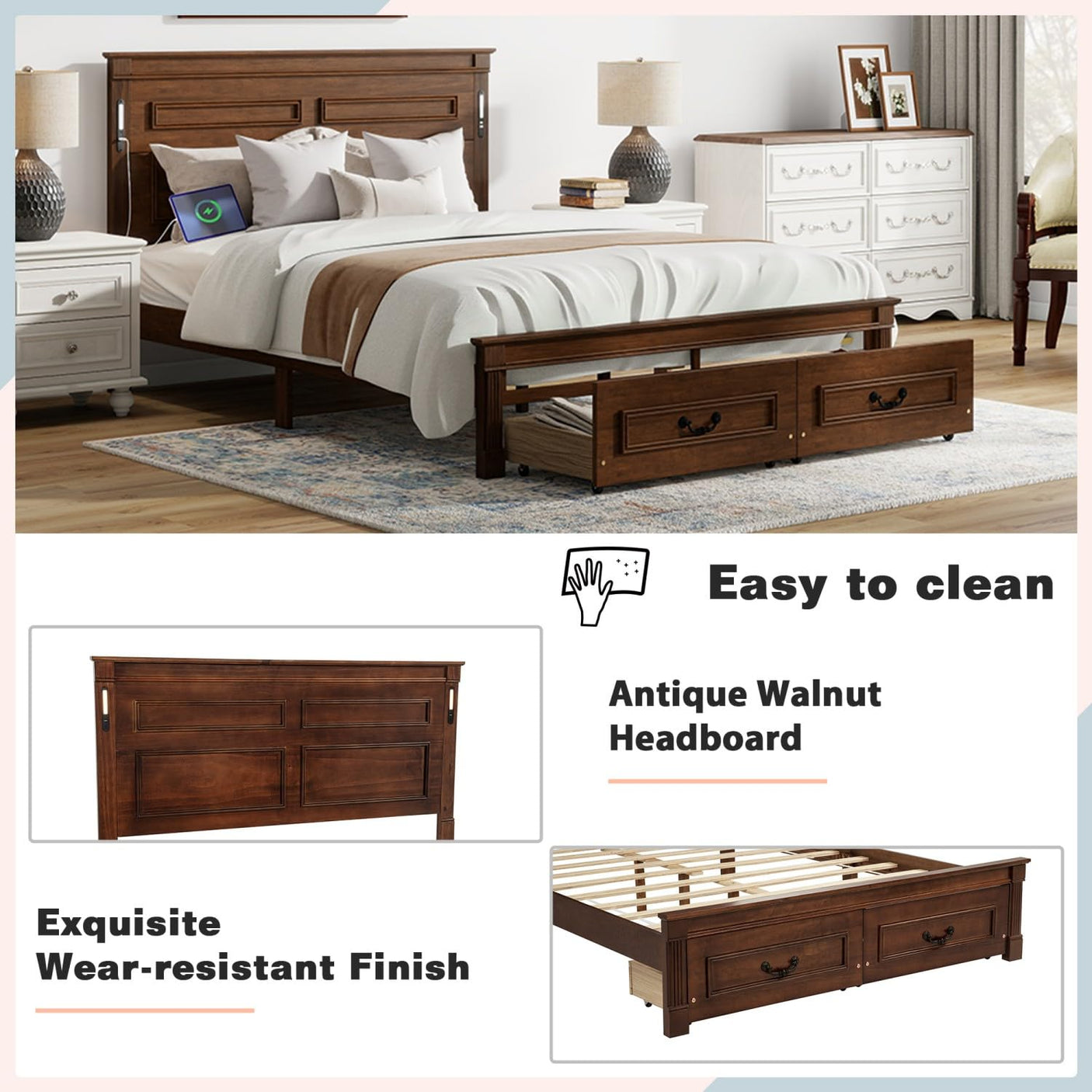 Farmhouse Bed Frame with Storage Drawers & LED Lights | Solid Pine Wood