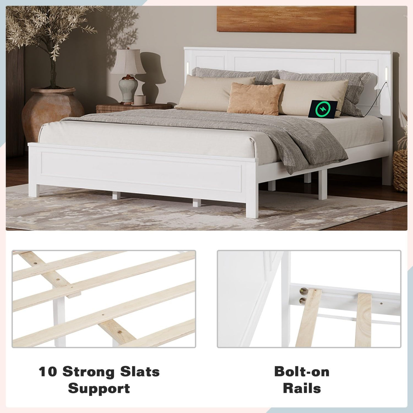 Farmhouse Bed Frame with LED Lights & Charging Station | Solid Pine Wood | Queen & King