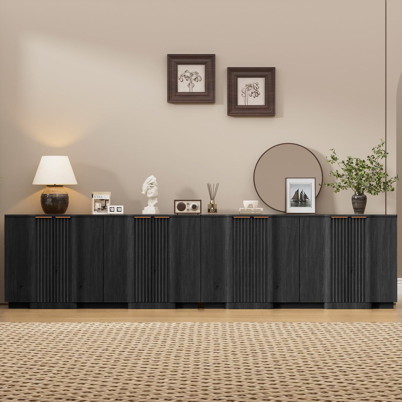 55" Buffet Cabinet with Storage, Modern Fluted Sideboard in Black – FSC Wood, Adjustable Shelves