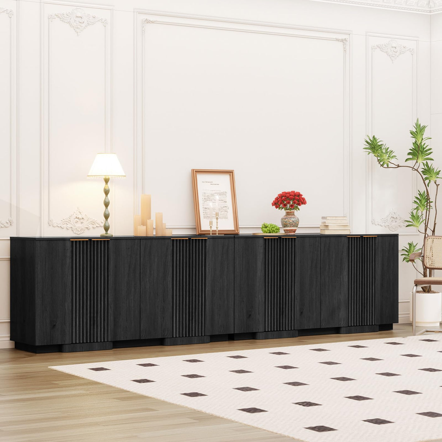 55" Buffet Cabinet with Storage, Modern Fluted Sideboard in Black – FSC Wood, Adjustable Shelves