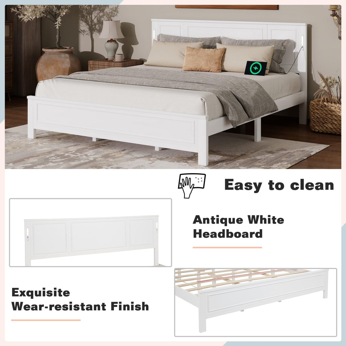 Farmhouse Bed Frame with LED Lights & Charging Station | Solid Pine Wood | Queen & King