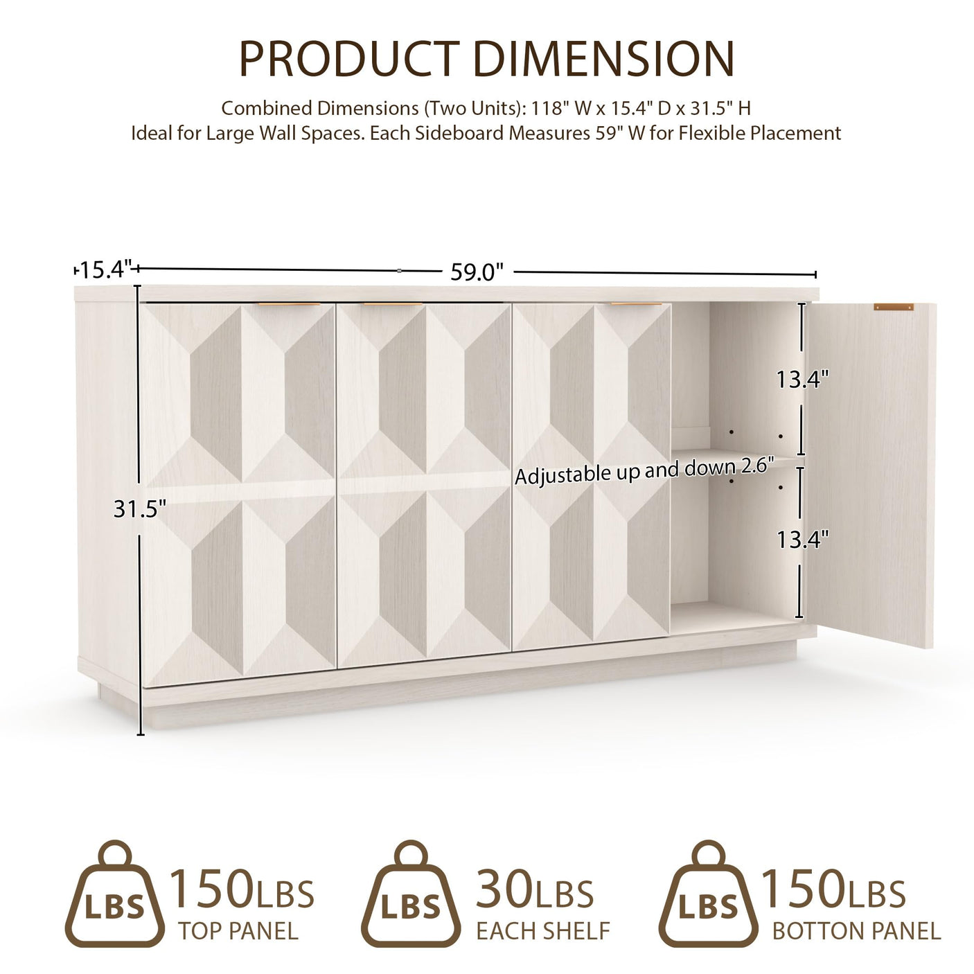 Yechen 59" Walnut Sideboard – Modern 3D Geometric Buffet Cabinet